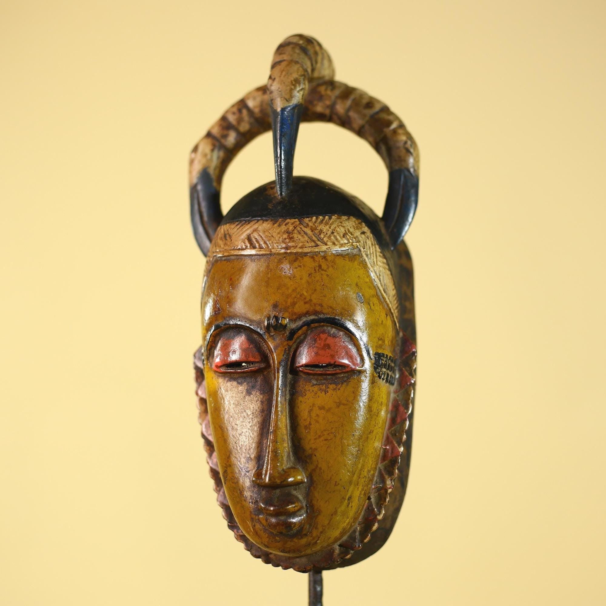 African Mask with Bird Crest - Hand Carved Wooden Tribal Wall Art-G6149
