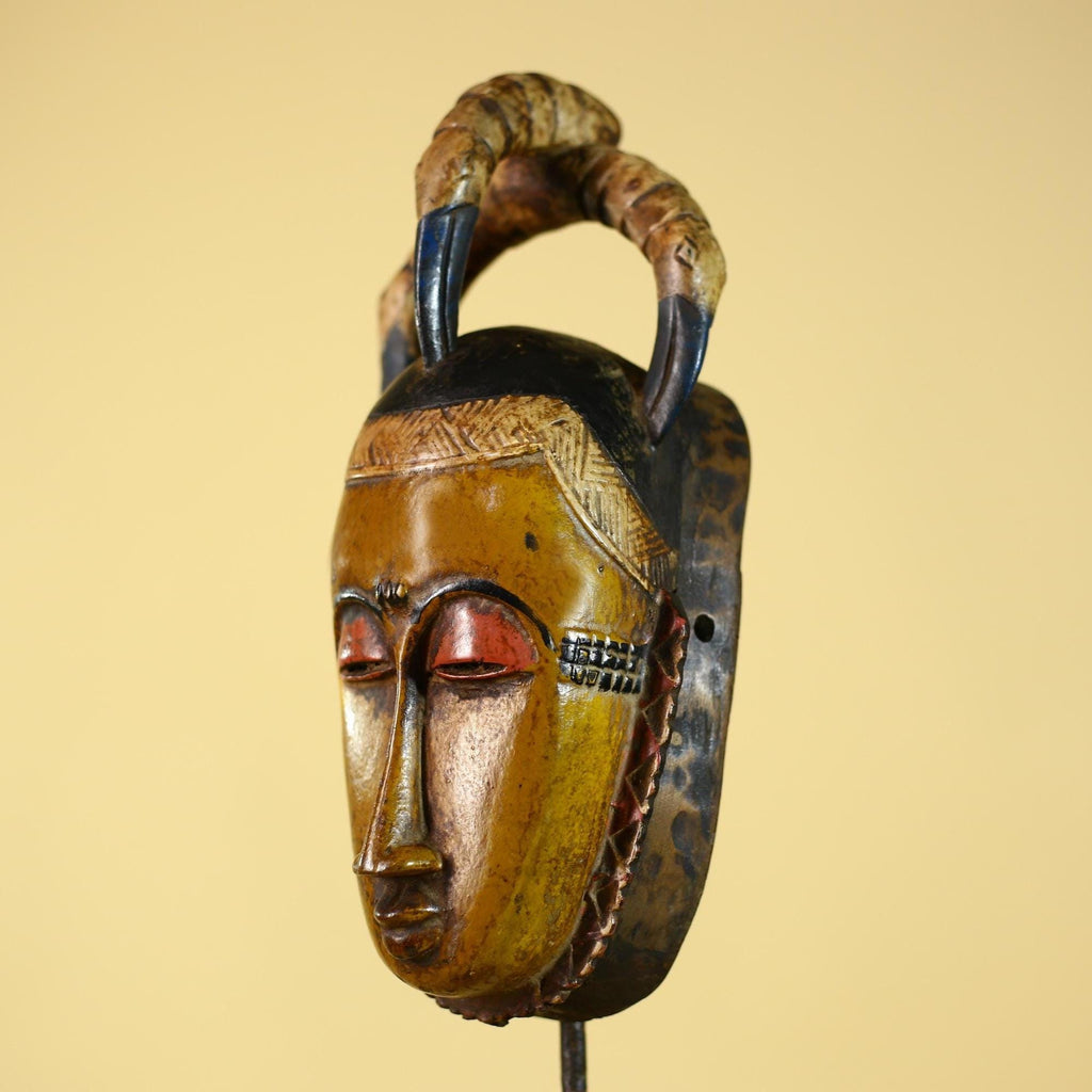 African Mask with Bird Crest - Hand Carved Wooden Tribal Wall Art-G6149