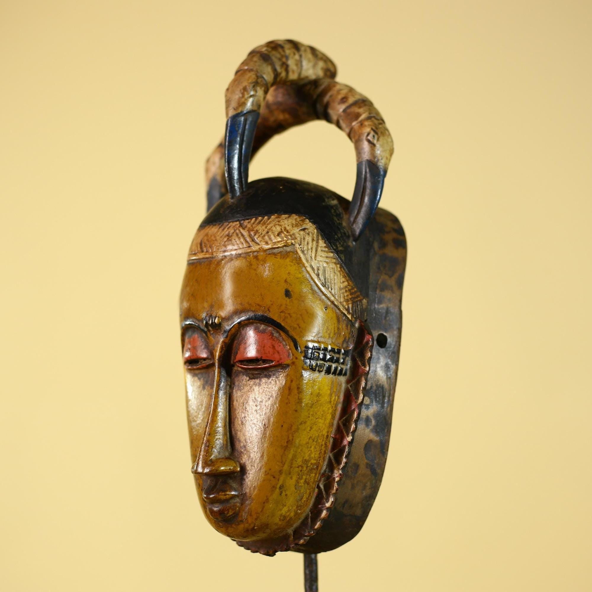 African Mask with Bird Crest - Hand Carved Wooden Tribal Wall Art-G6149