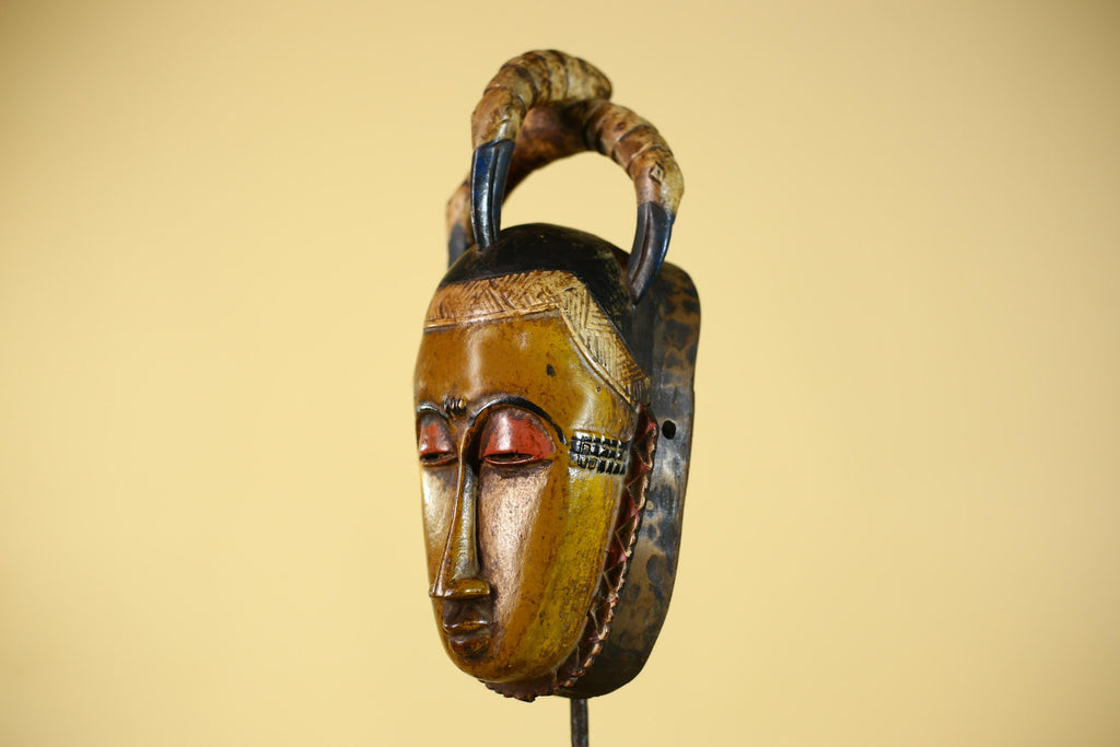 African Mask with Bird Crest - Hand Carved Wooden Tribal Wall Art-G6149