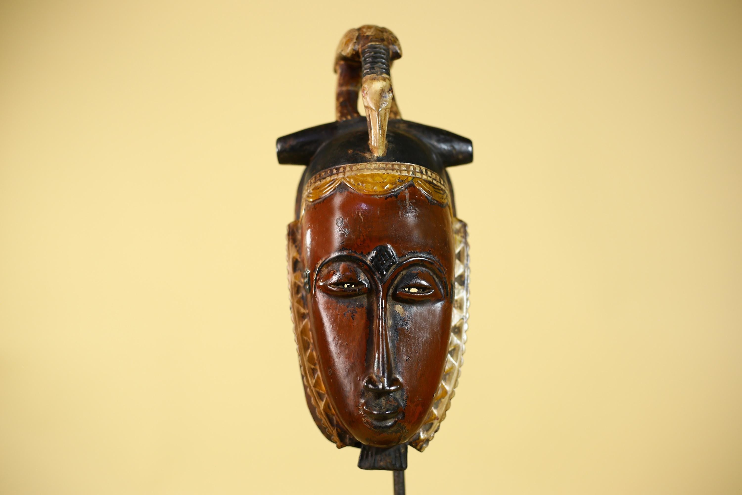 African Wooden Baule Mask with Horned Headdress – Hand Carved Tribal Art-G6150