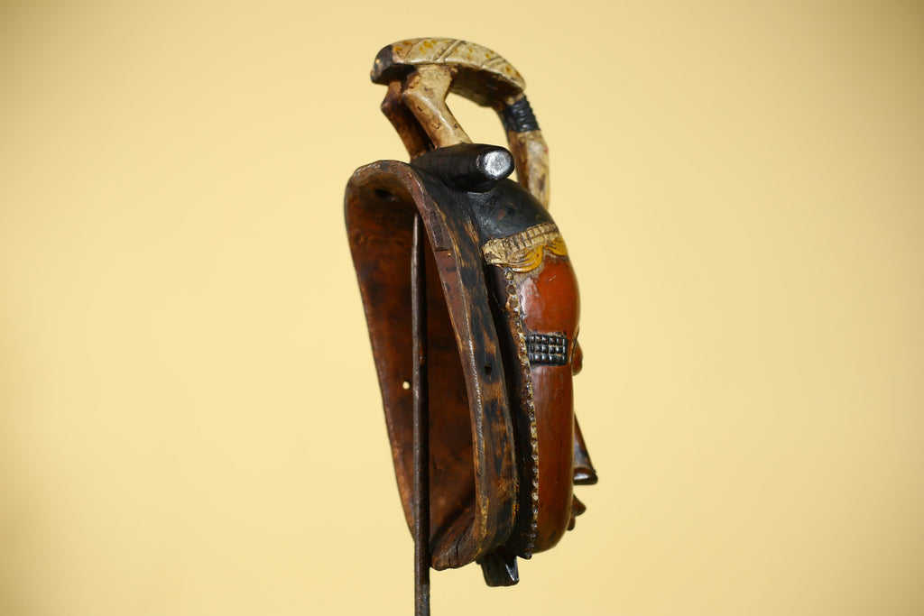 African Wooden Baule Mask with Horned Headdress – Hand Carved Tribal Art-G6150