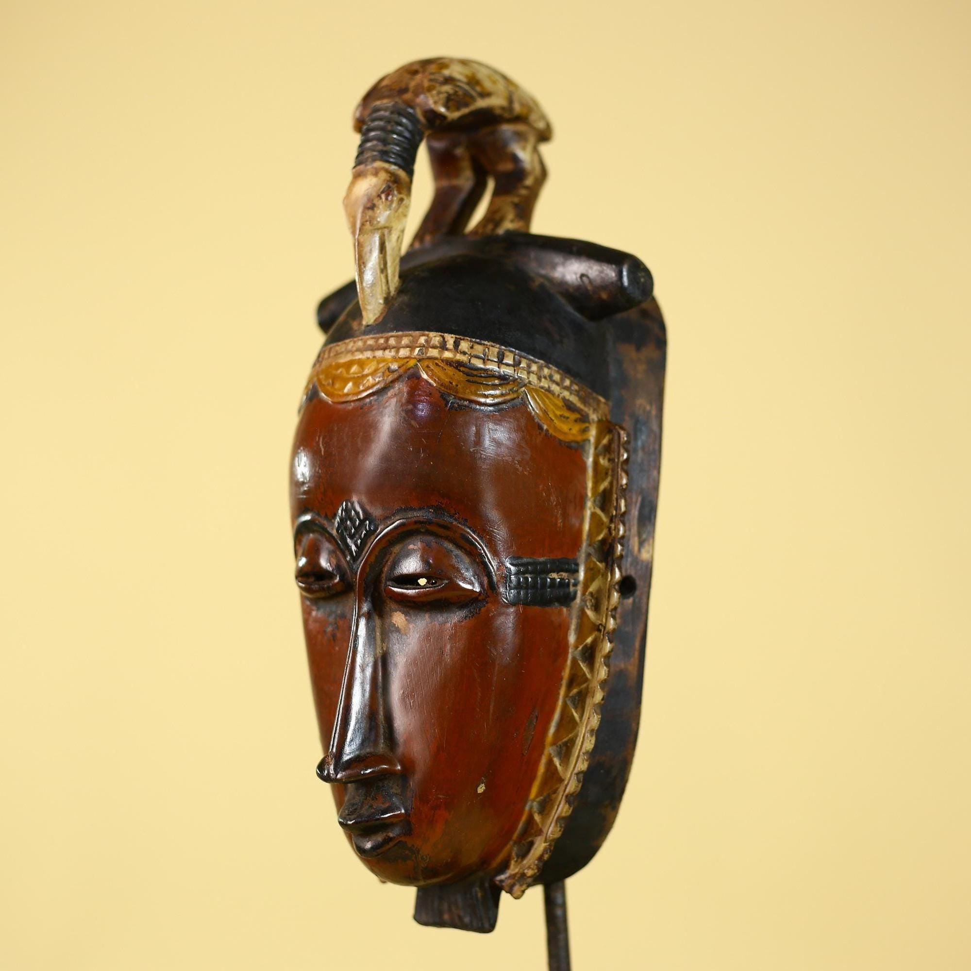 African Wooden Baule Mask with Horned Headdress – Hand Carved Tribal Art-G6150