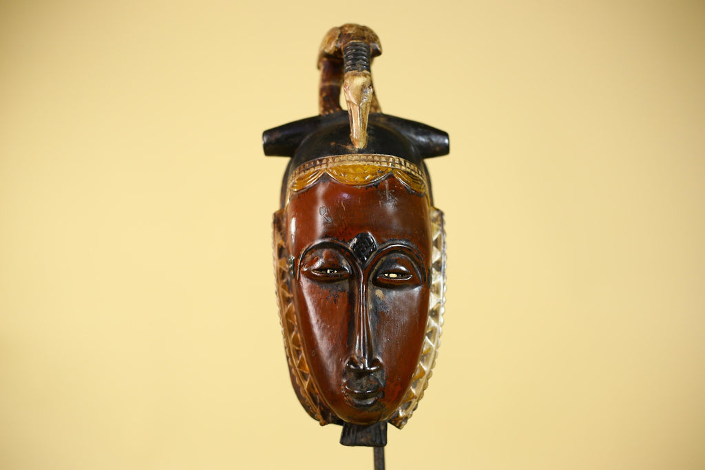African Wooden Baule Mask with Horned Headdress – Hand Carved Tribal Art-G6150