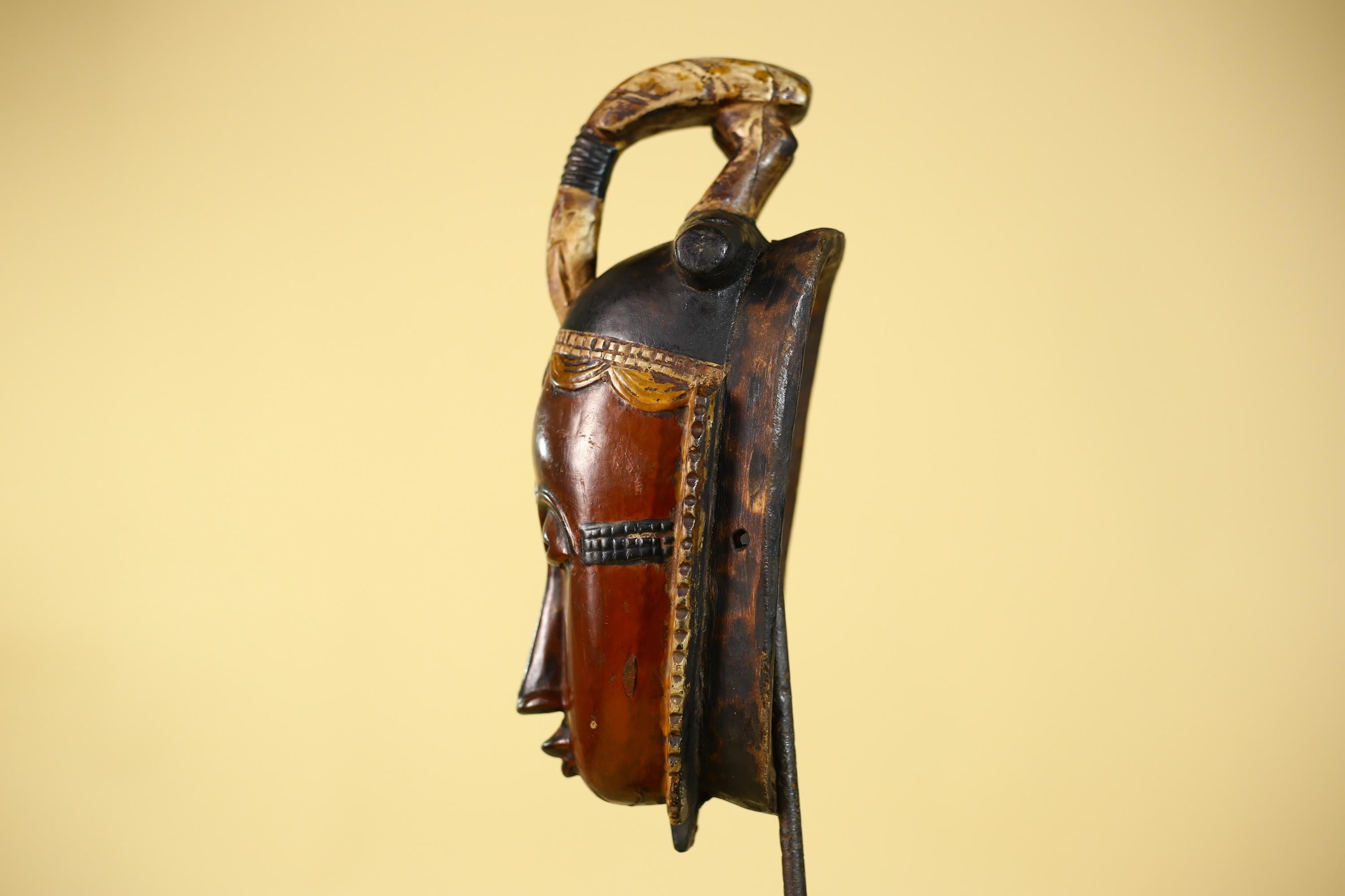 African Wooden Baule Mask with Horned Headdress – Hand Carved Tribal Art-G6150
