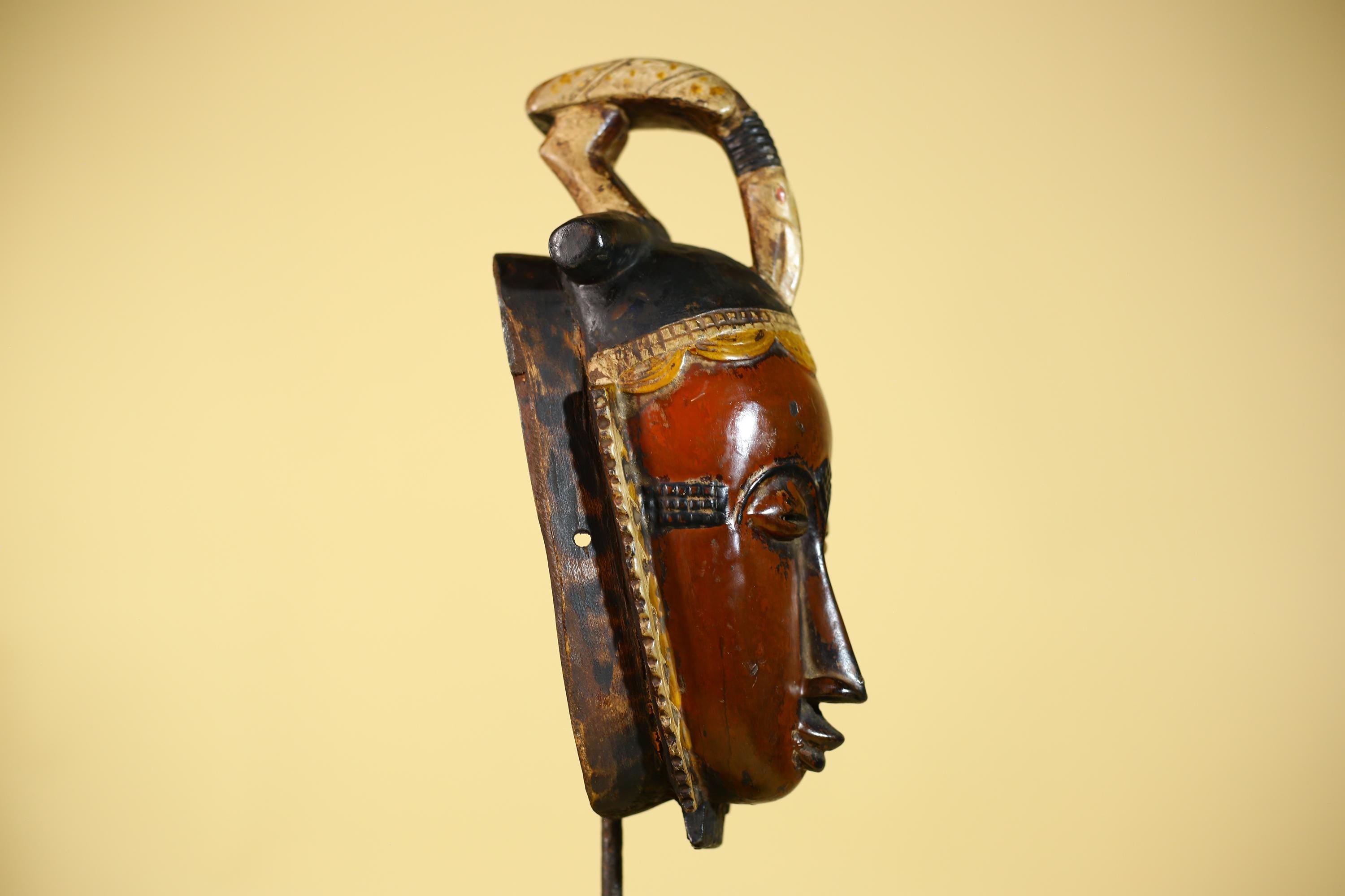 African Wooden Baule Mask with Horned Headdress – Hand Carved Tribal Art-G6150