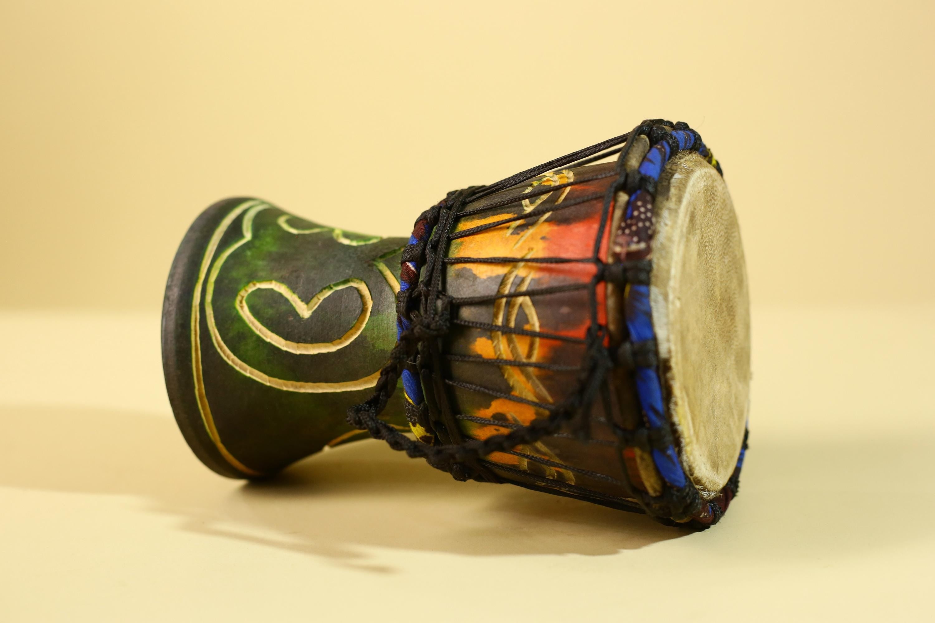 Handmade African Drum- Painted Wood Shell Tribal Rhythm Art Decor-G6237