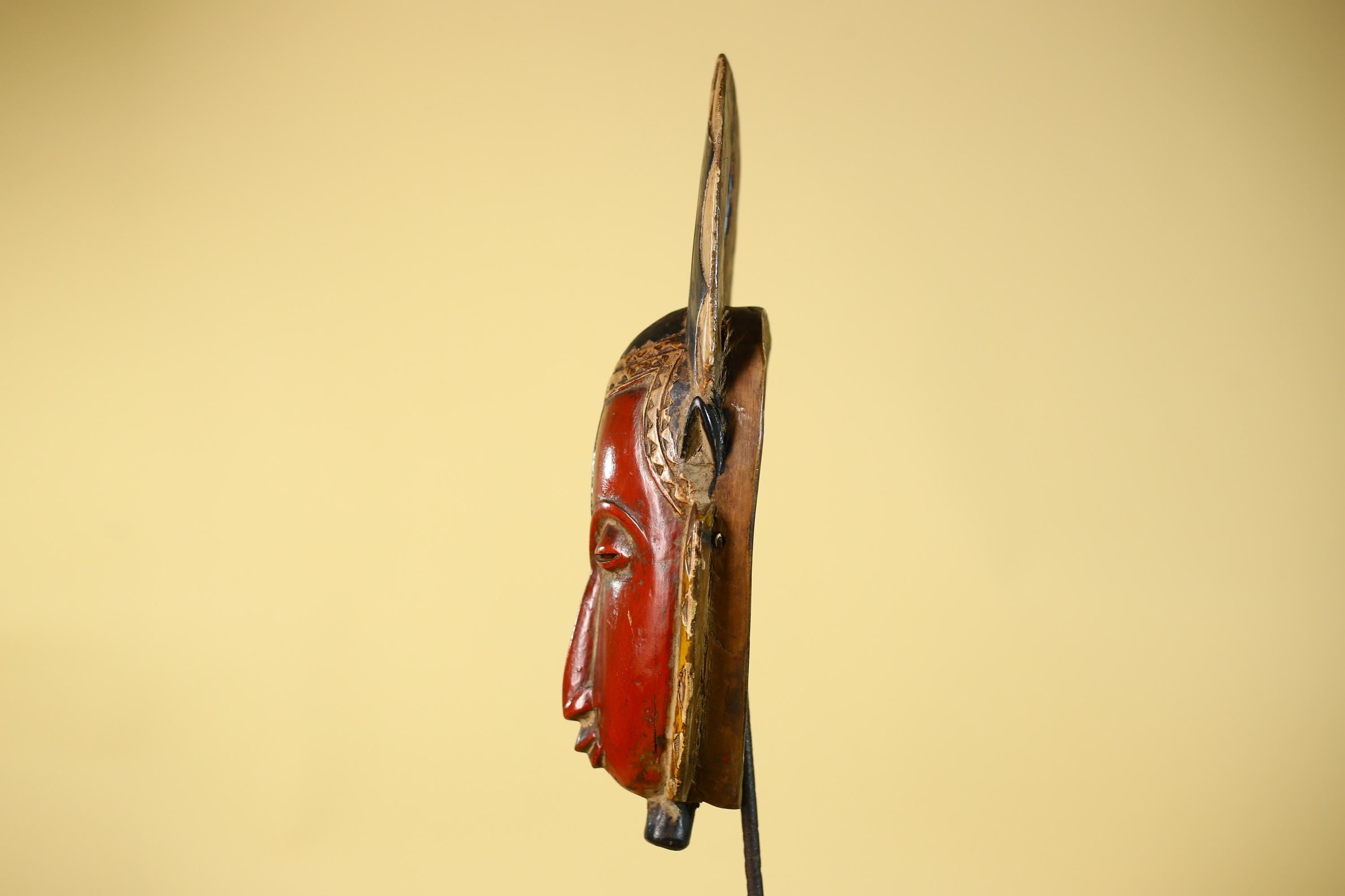 African Wooden Guro Mask with Elongated Face and Carved Tribal Headdress-G6151