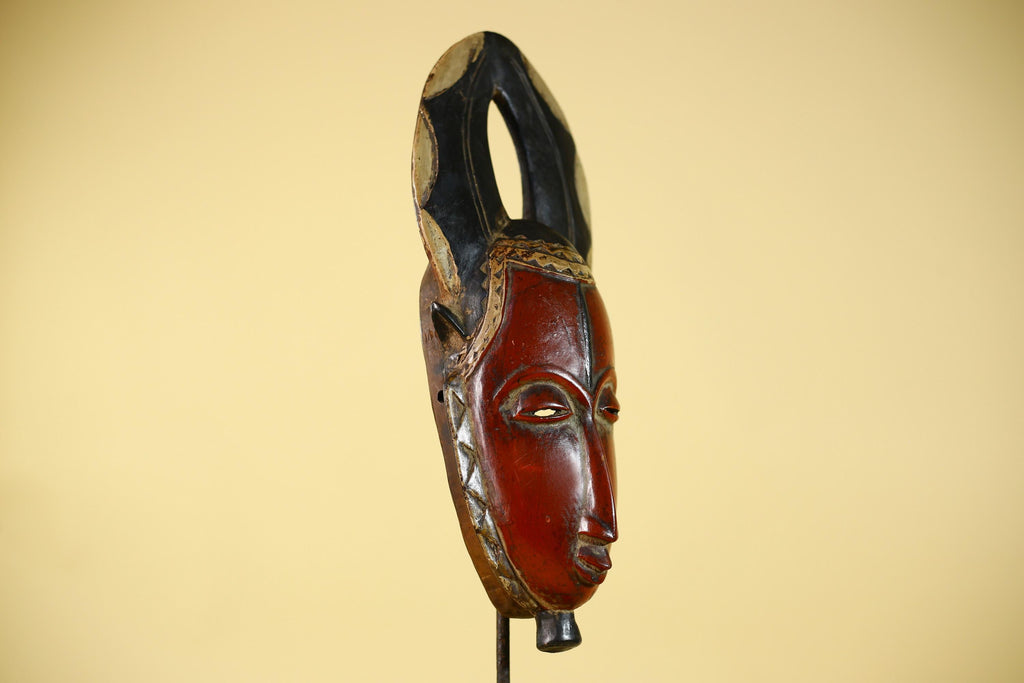 African Wooden Guro Mask with Elongated Face and Carved Tribal Headdress-G6151