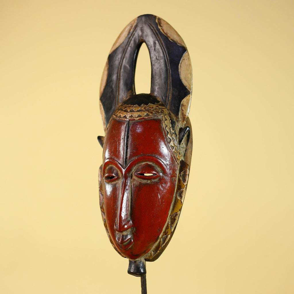 African Wooden Guro Mask with Elongated Face and Carved Tribal Headdress-G6151