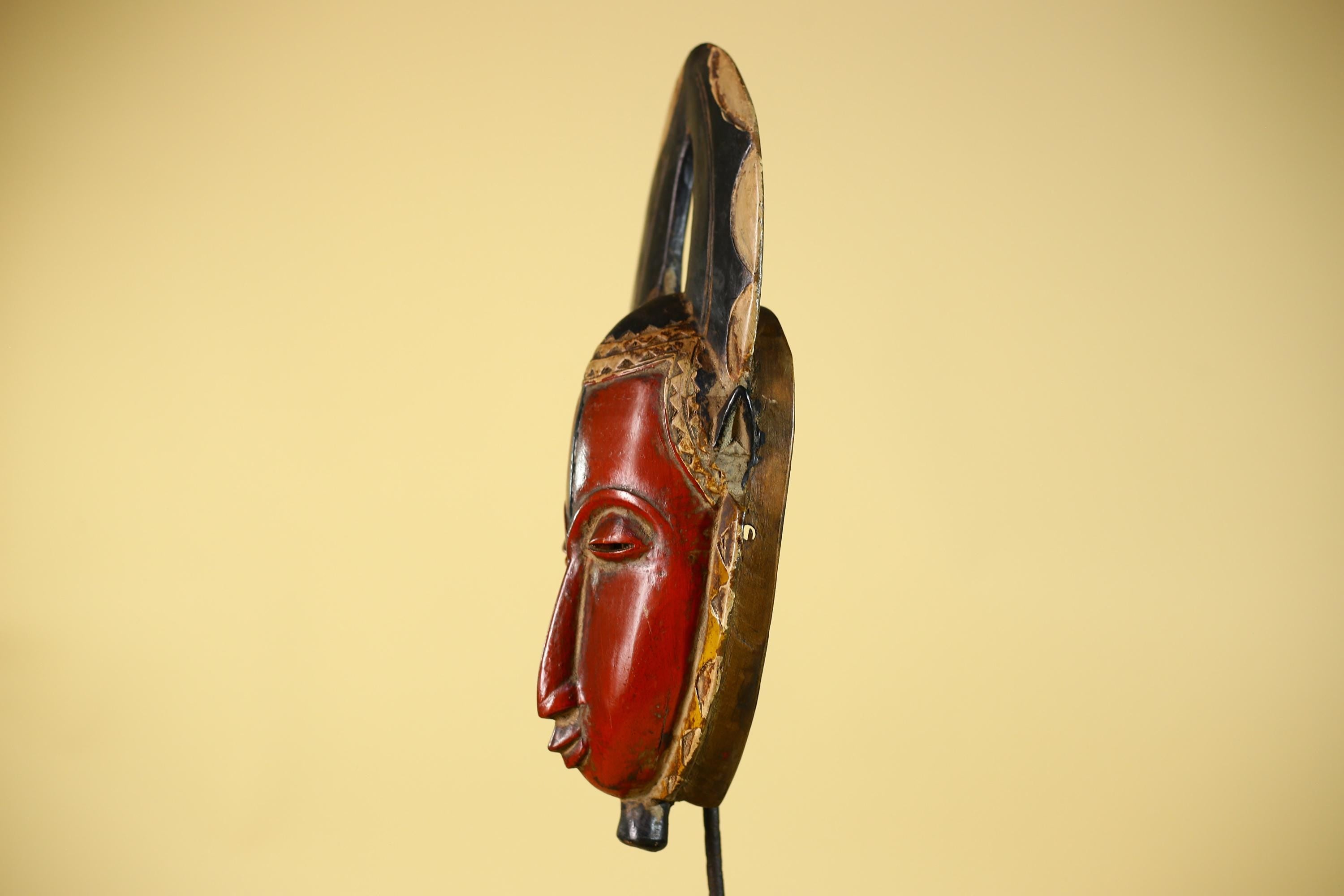 African Wooden Guro Mask with Elongated Face and Carved Tribal Headdress-G6151