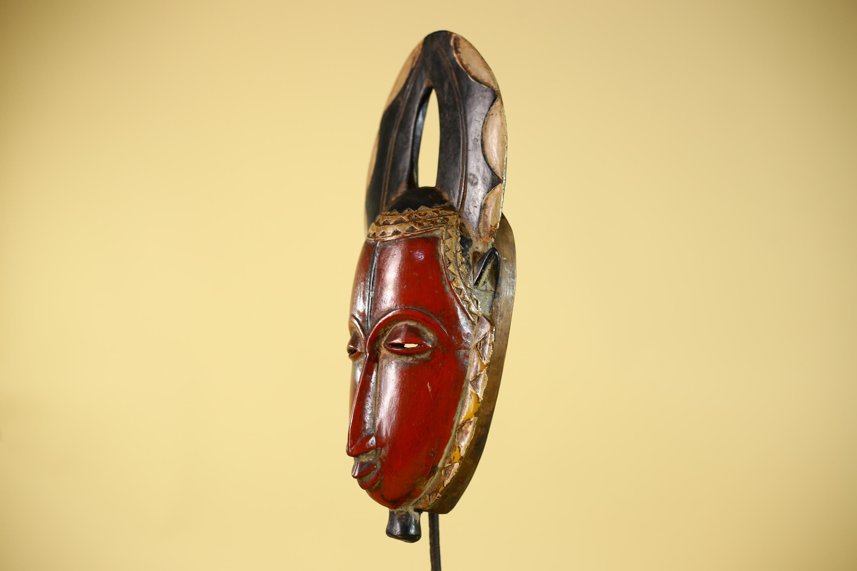 African Wooden Guro Mask with Elongated Face and Carved Tribal Headdress-G6151