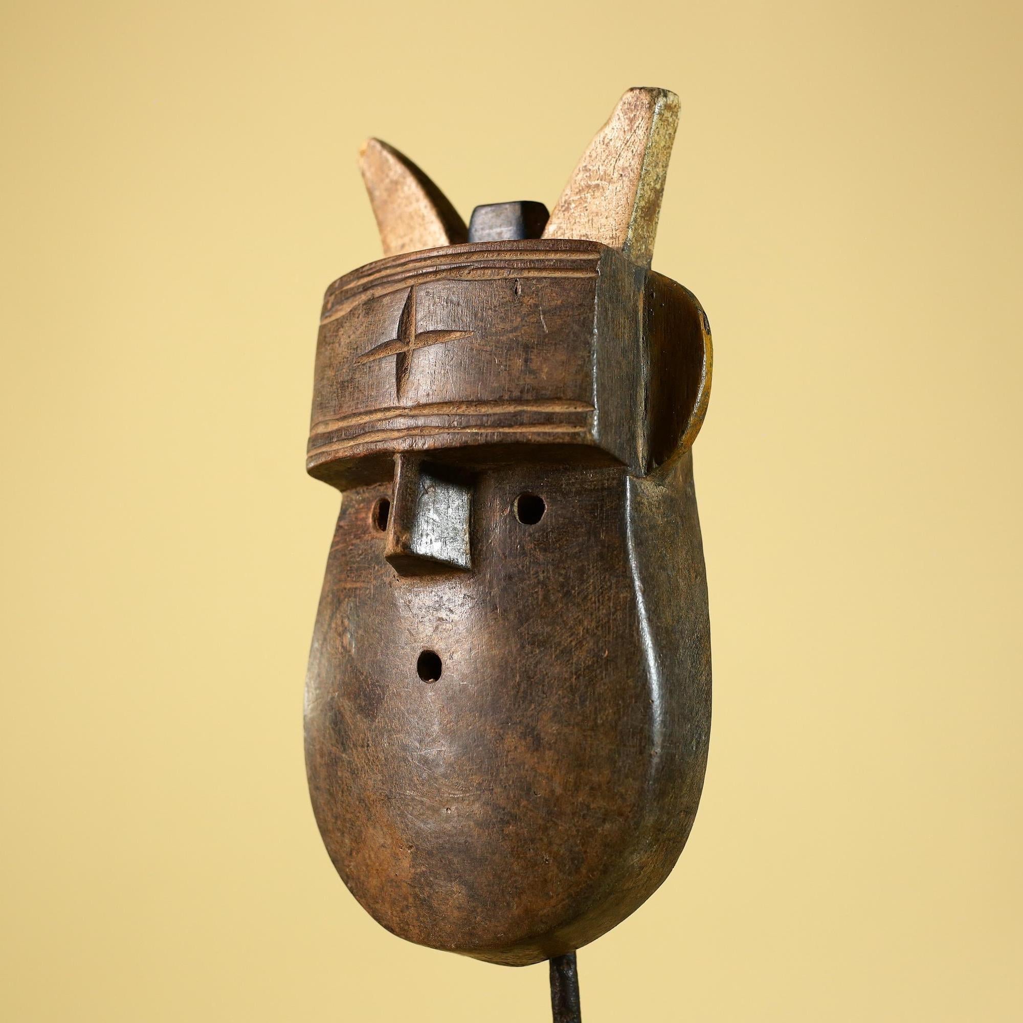 Authentic Dan Horn Mask, African Tribal Ceremony Wall Sculpture-G6244