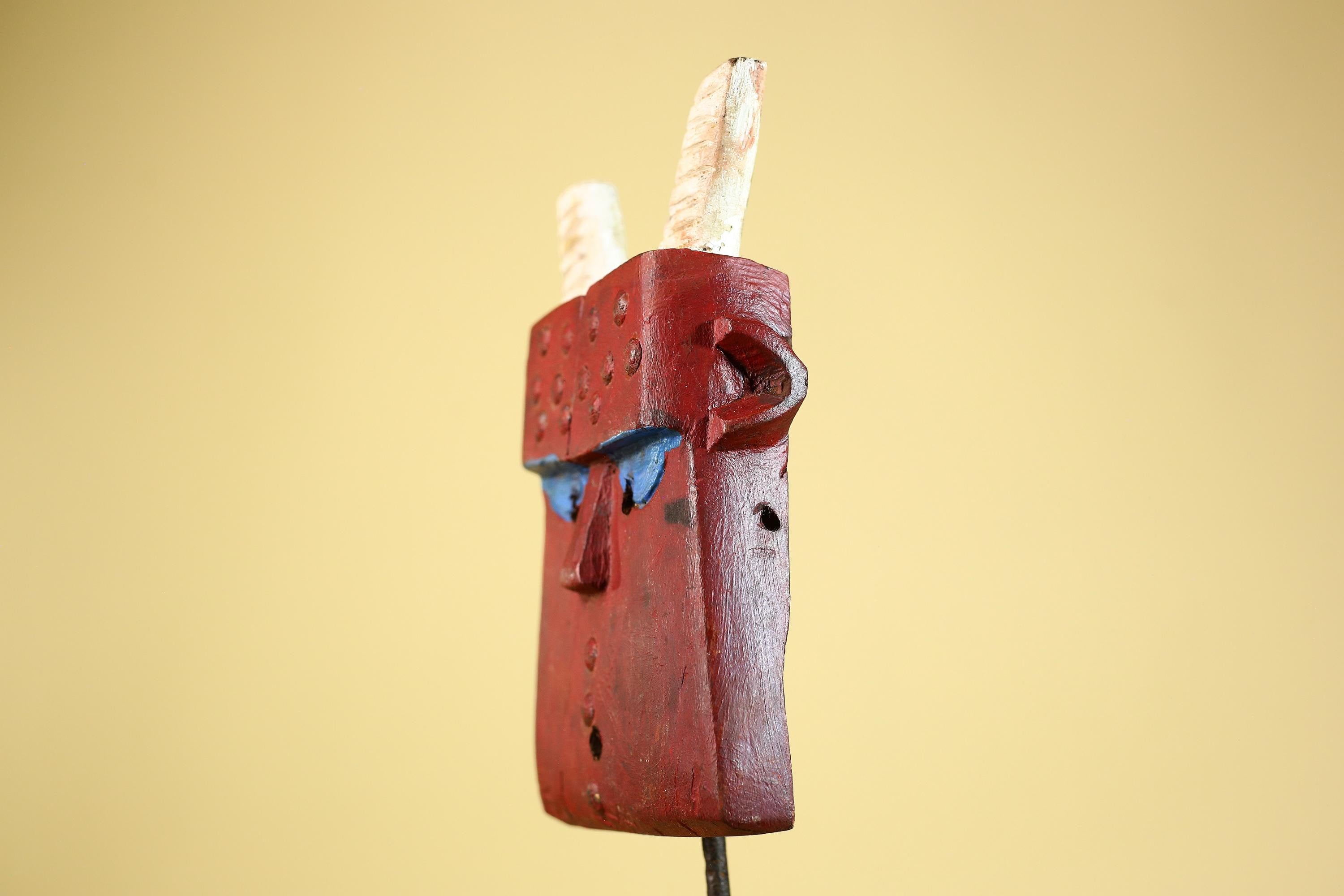 Bwa Style Horned Mask; Red Plank African Tribal Art, Handmade Wood-G6245
