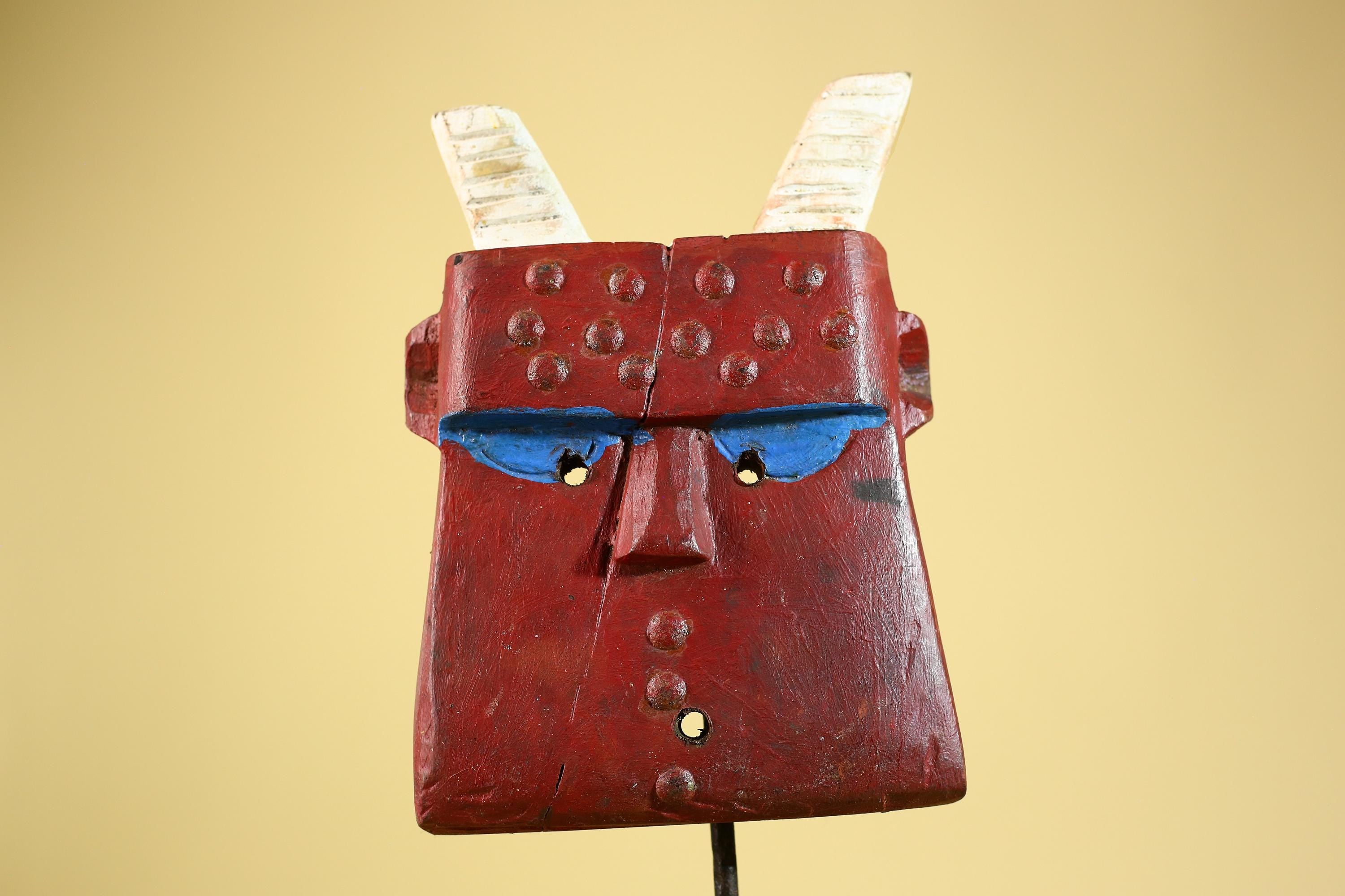 Bwa Style Horned Mask; Red Plank African Tribal Art, Handmade Wood-G6245