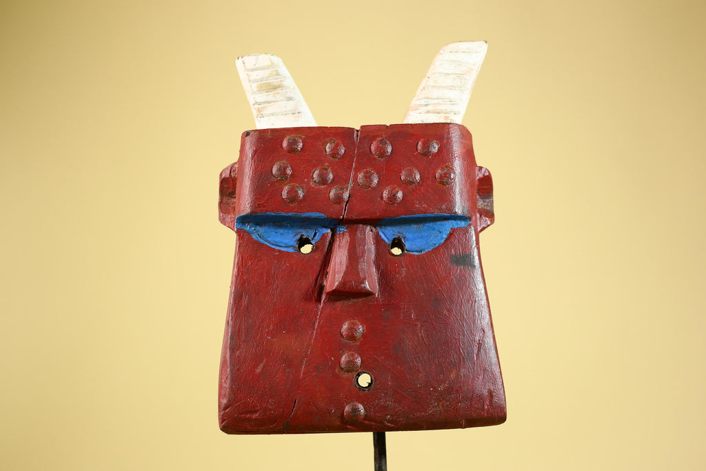 Bwa Style Horned Mask; Red Plank African Tribal Art, Handmade Wood-G6245