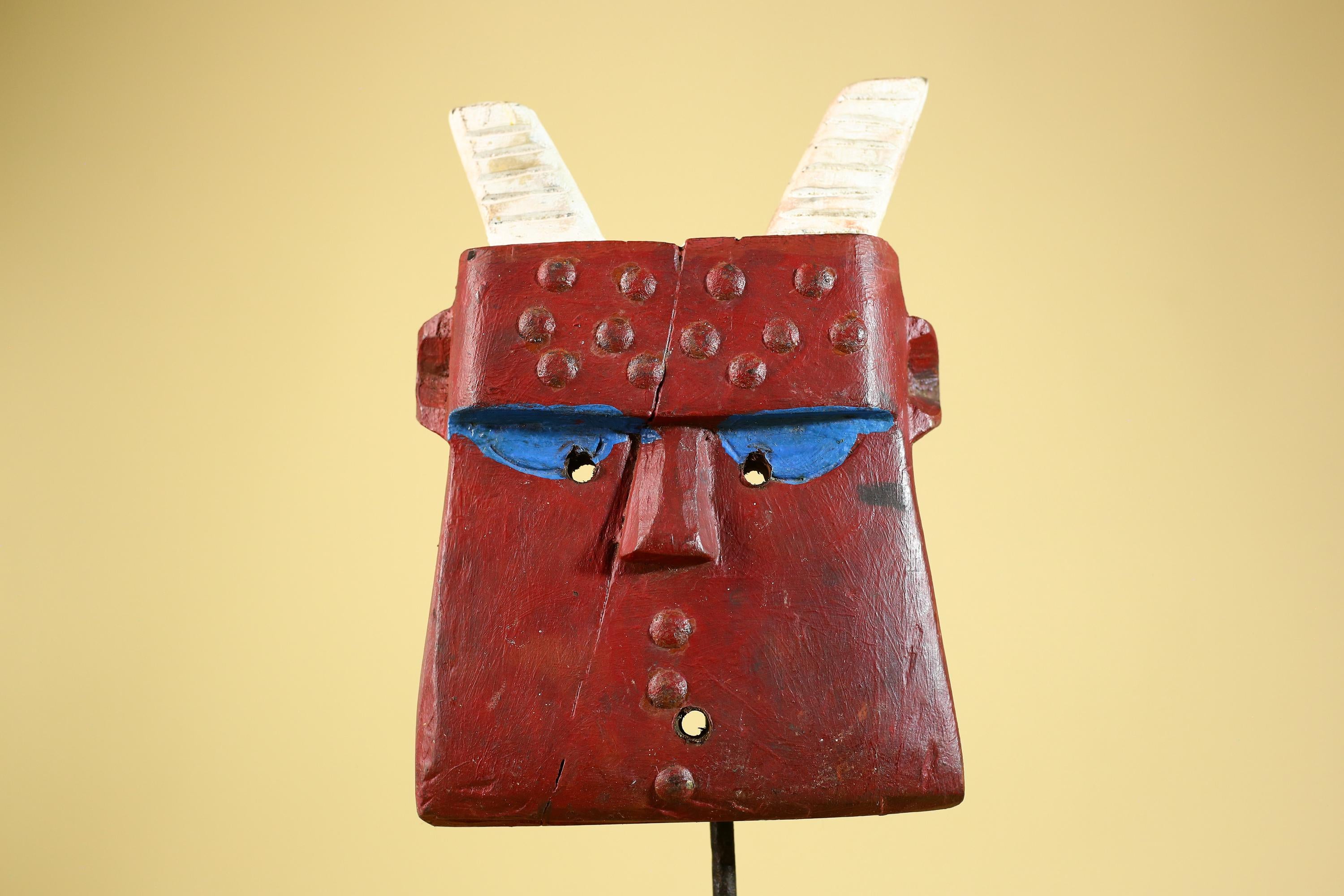 Bwa Style Horned Mask; Red Plank African Tribal Art, Handmade Wood-G6245