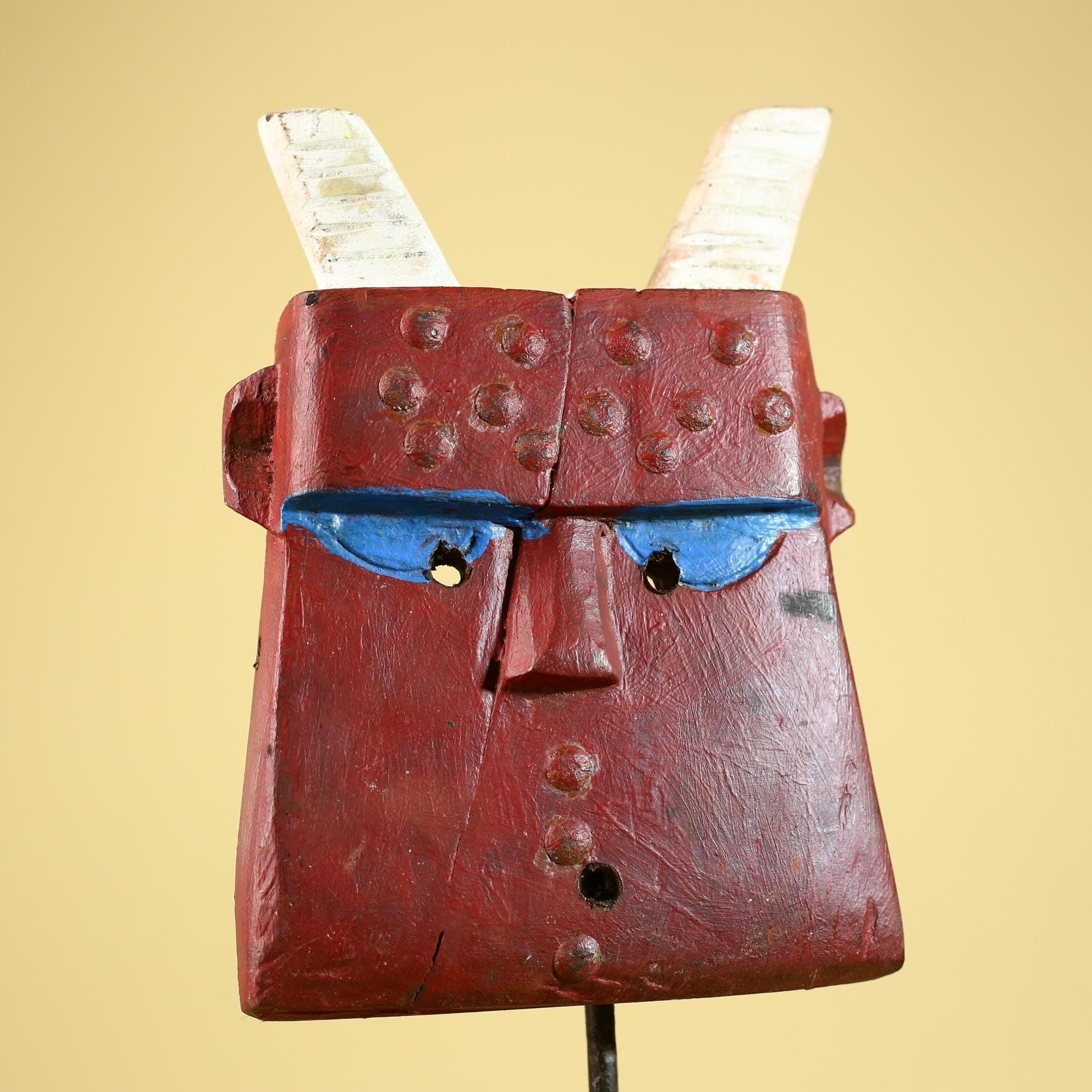 Bwa Style Horned Mask; Red Plank African Tribal Art, Handmade Wood-G6245