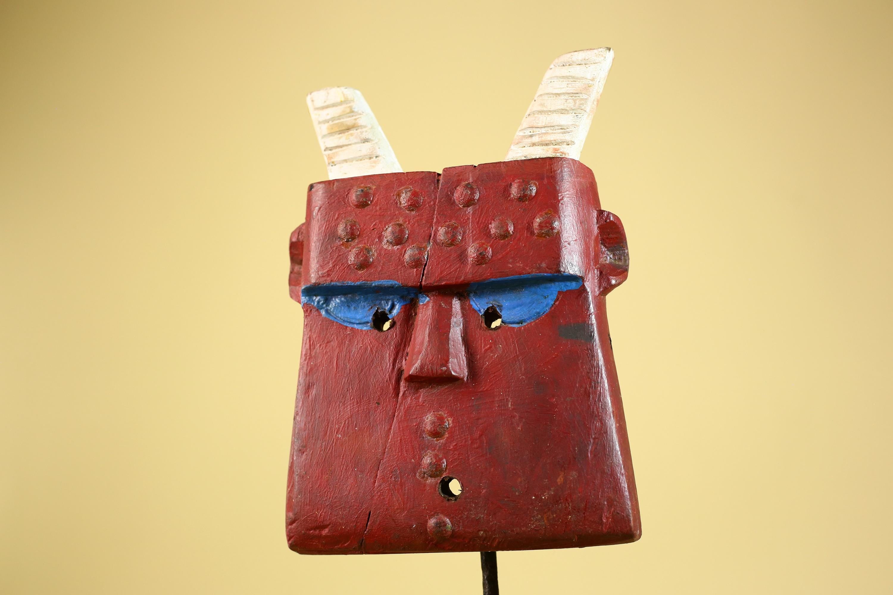 Bwa Style Horned Mask; Red Plank African Tribal Art, Handmade Wood-G6245