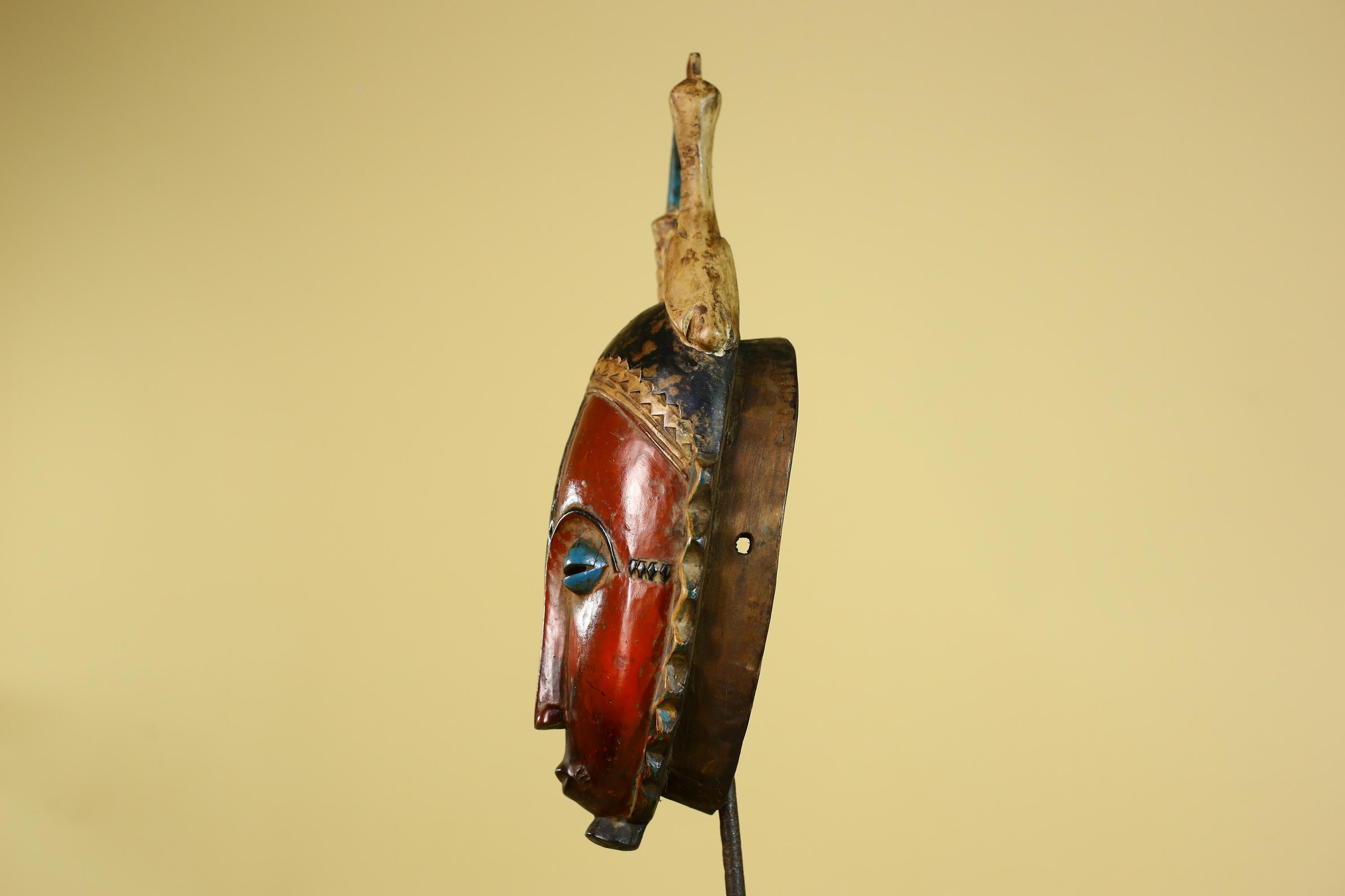African Wooden Mask Baule Style Horned Headdress Tribal Wall Art-G6157