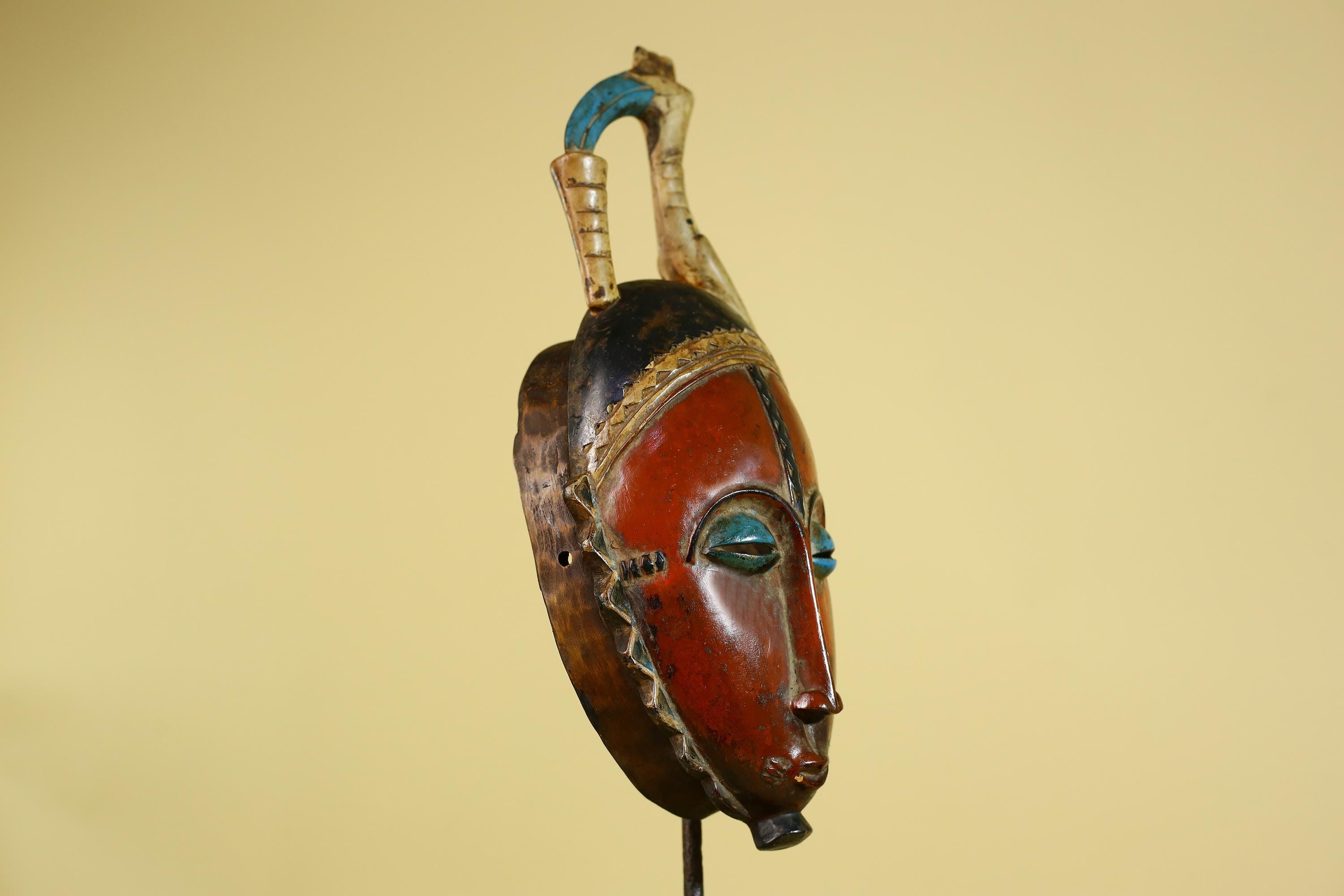 African Wooden Mask Baule Style Horned Headdress Tribal Wall Art-G6157