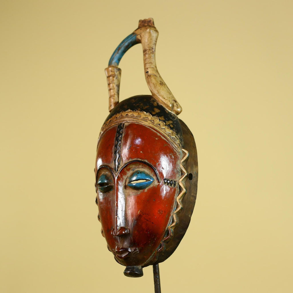 African Wooden Mask Baule Style Horned Headdress Tribal Wall Art-G6157