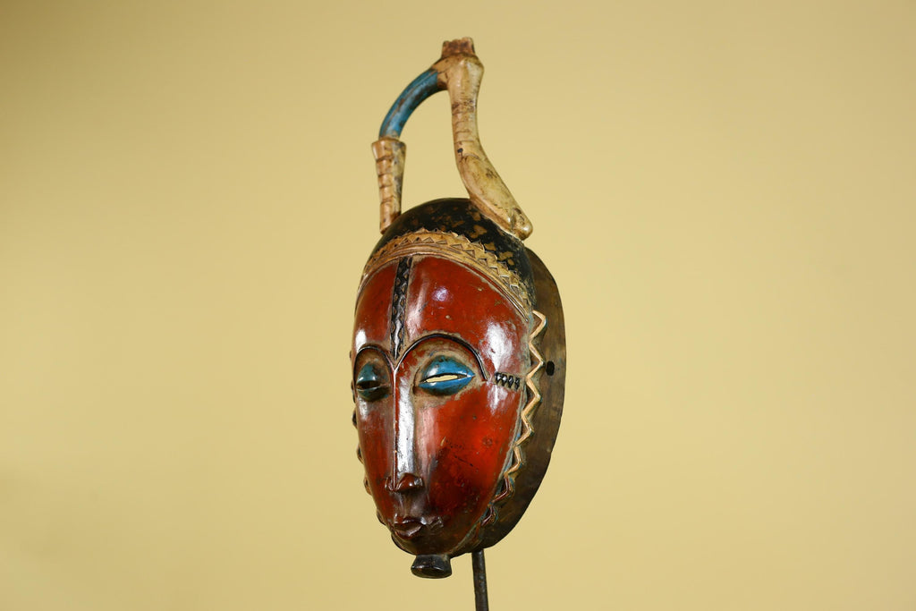 African Wooden Mask Baule Style Horned Headdress Tribal Wall Art-G6157