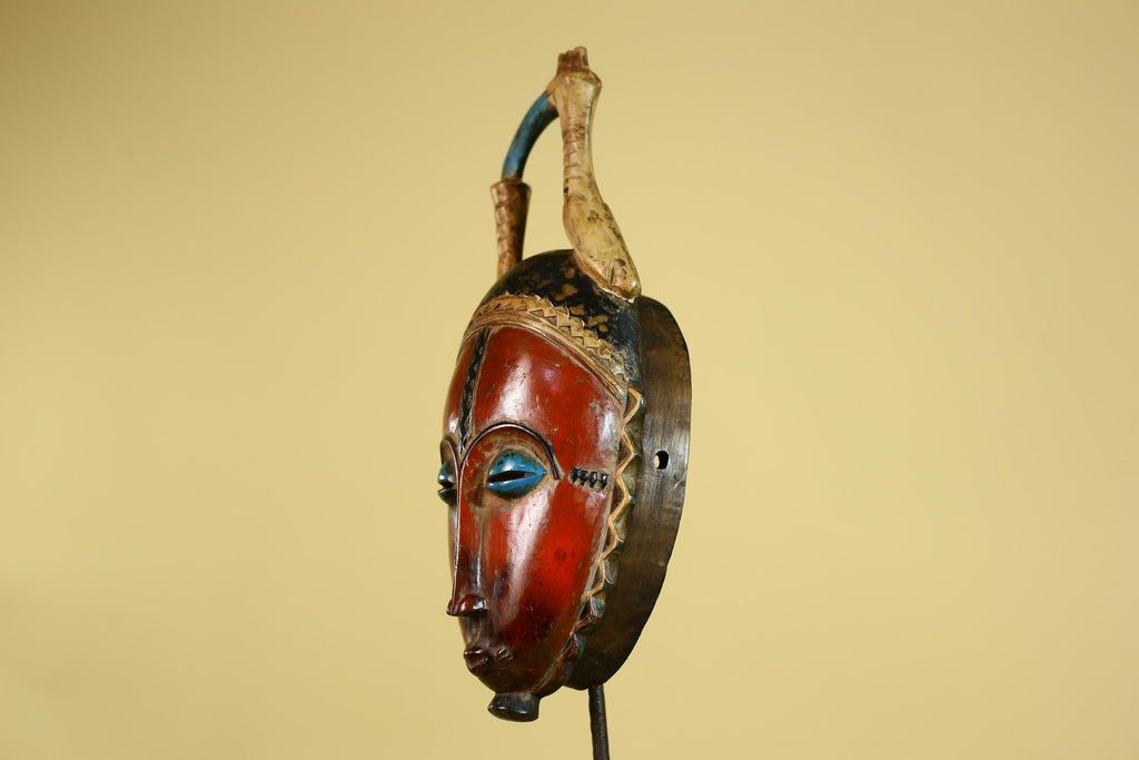 African Wooden Mask Baule Style Horned Headdress Tribal Wall Art-G6157