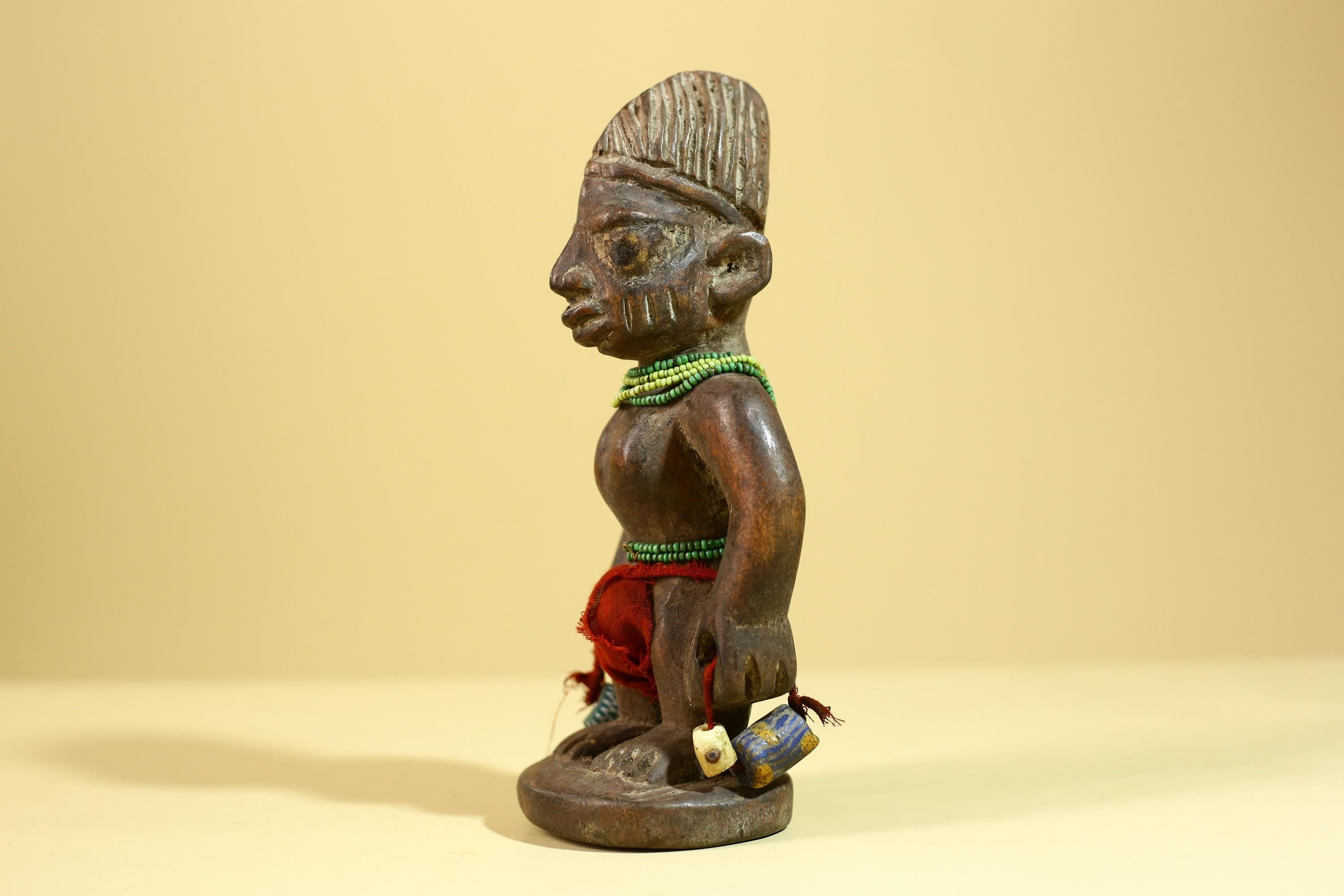 African Wooden Ibeji Figure with Beads Tribal Handmade Ritual Sculpture-G6246