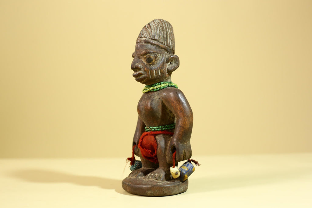 African Wooden Ibeji Figure with Beads Tribal Handmade Ritual Sculpture-G6246