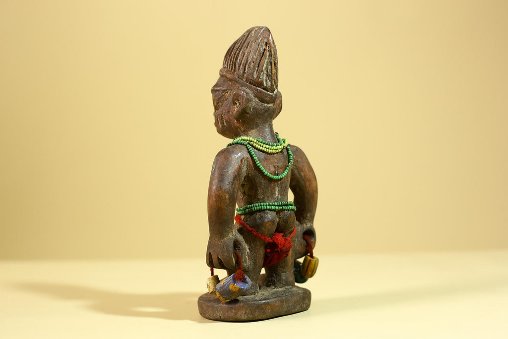 African Wooden Ibeji Figure with Beads Tribal Handmade Ritual Sculpture-G6246