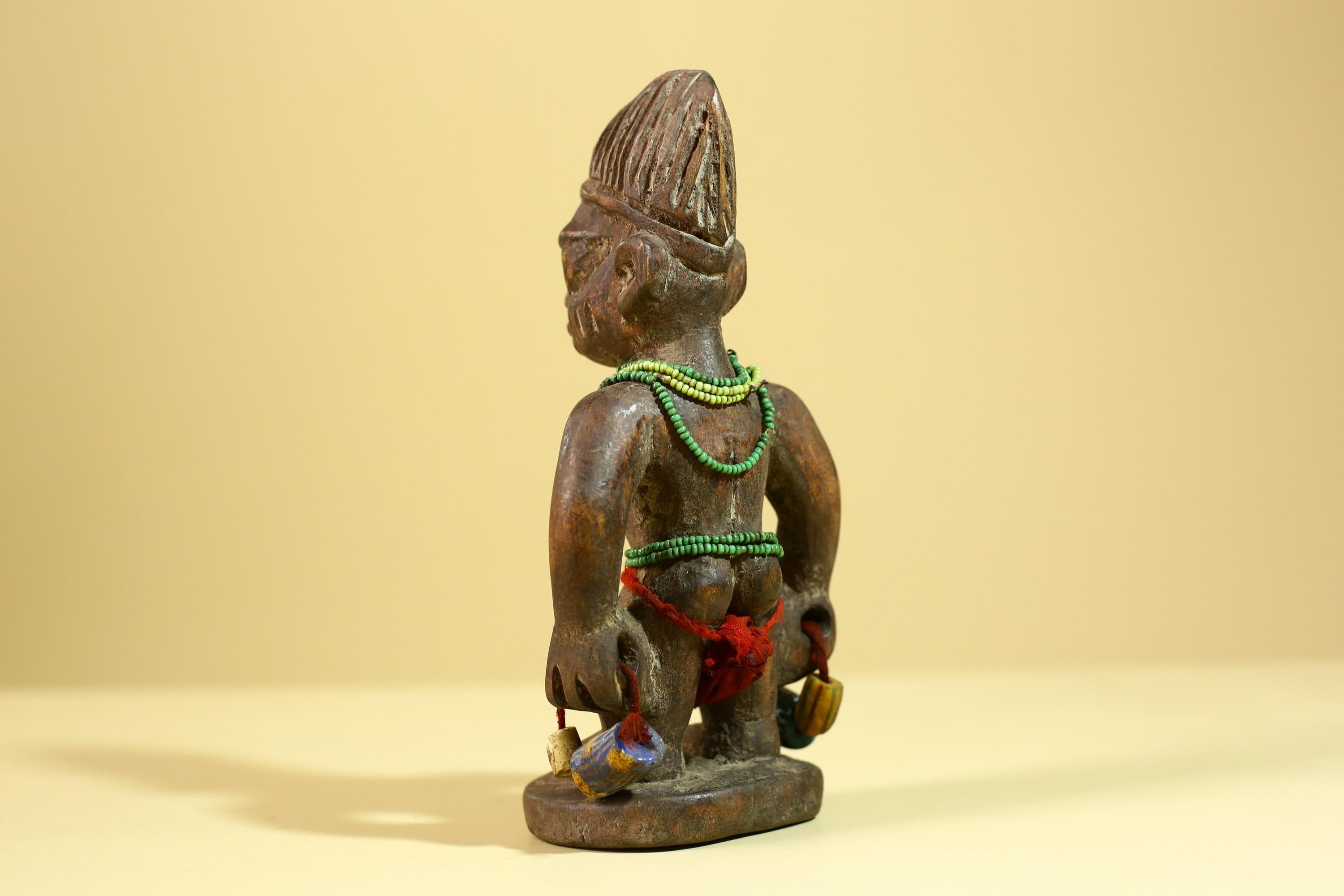 African Wooden Ibeji Figure with Beads Tribal Handmade Ritual Sculpture-G6246