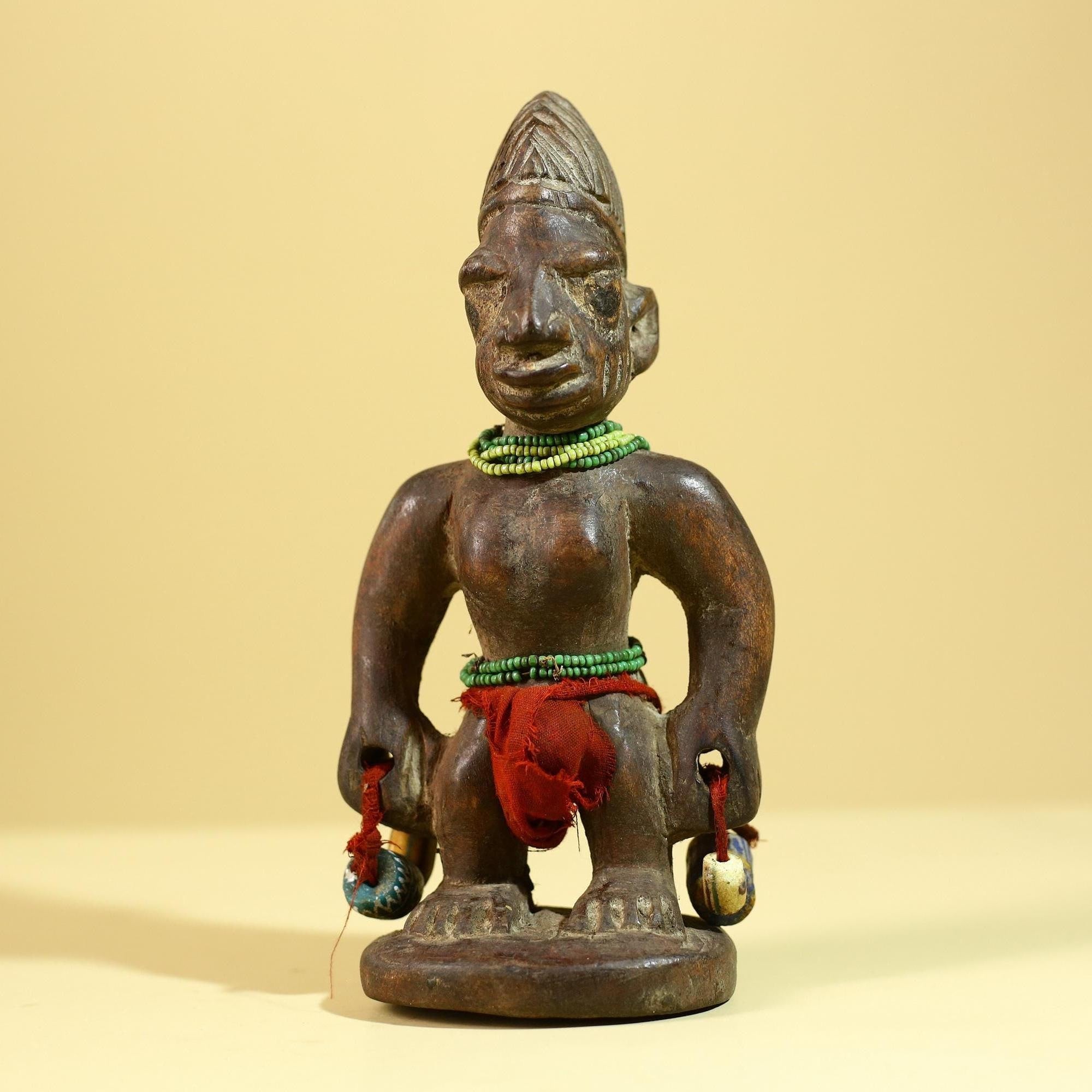 African Wooden Ibeji Figure with Beads Tribal Handmade Ritual Sculpture-G6246