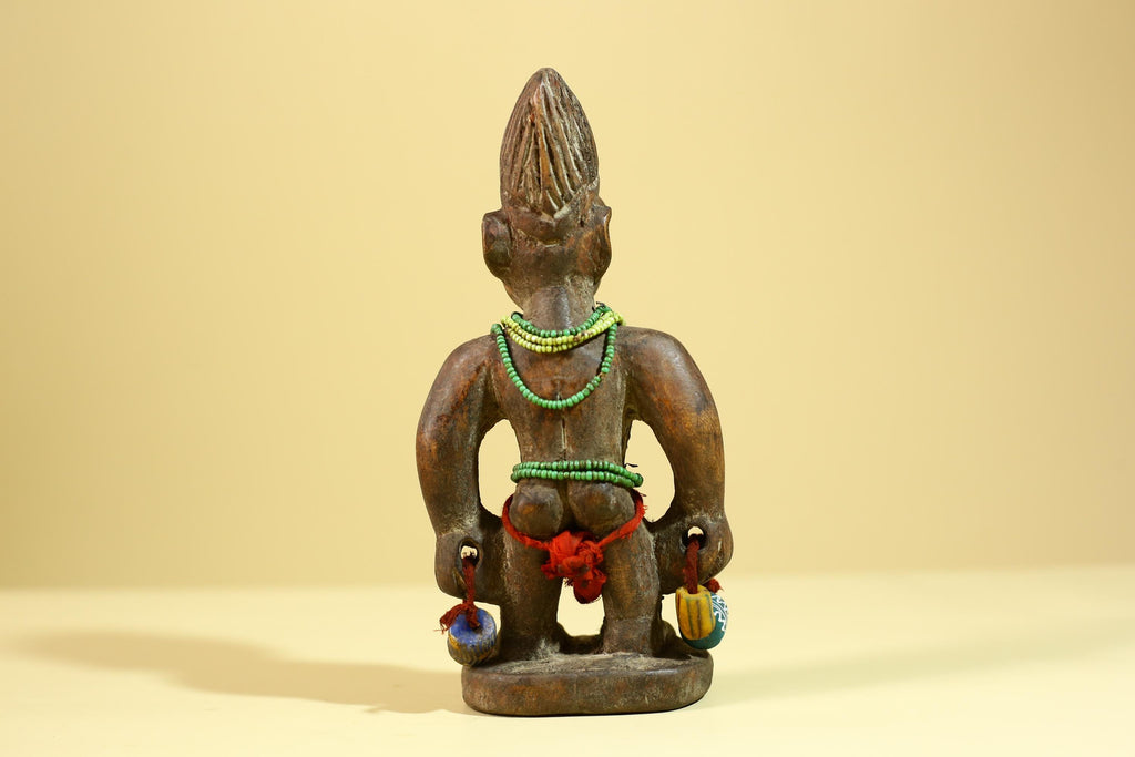 African Wooden Ibeji Figure with Beads Tribal Handmade Ritual Sculpture-G6246