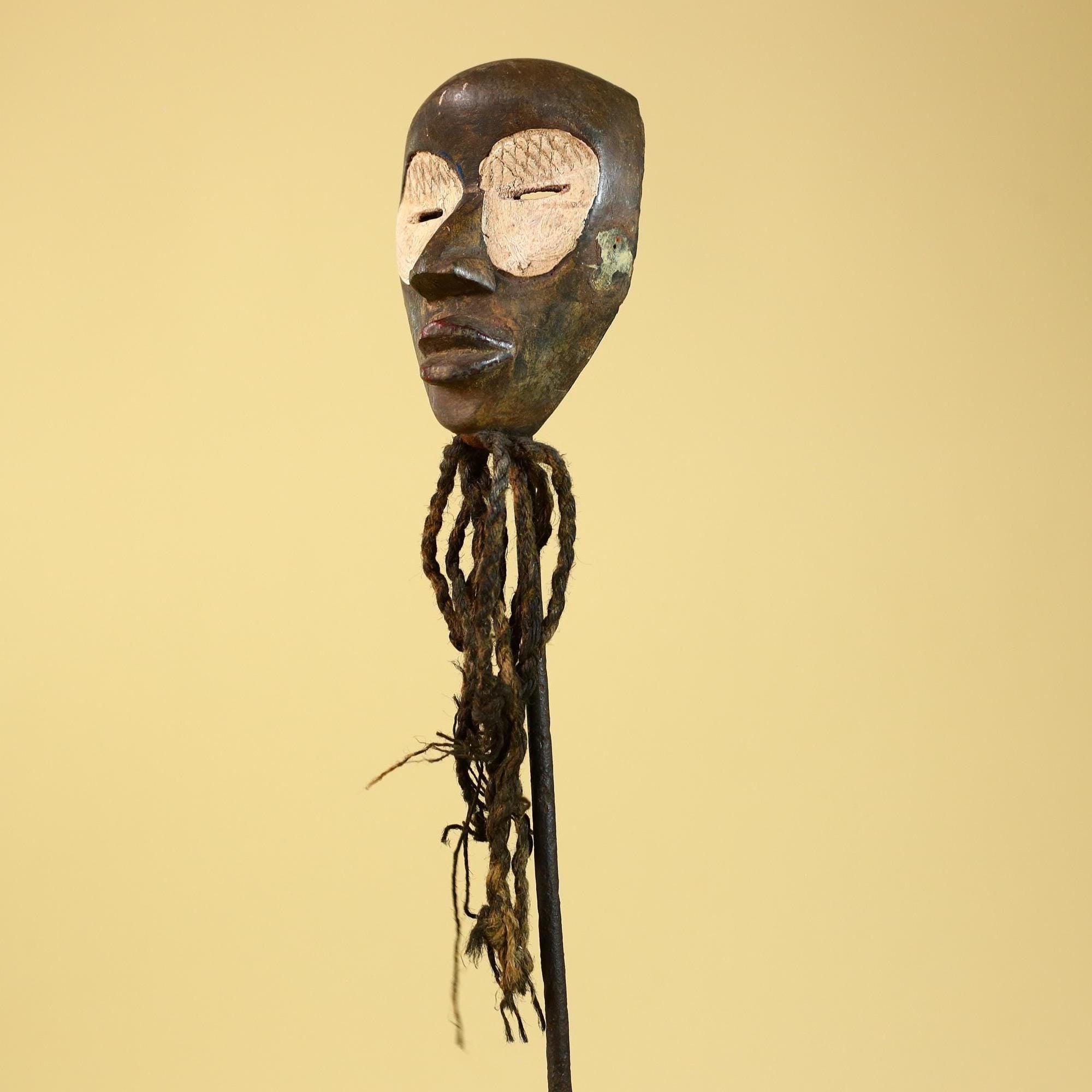 African Handmade Dan Wood Mask Narrow Face With Beard Ritual Vintage Art-G6252