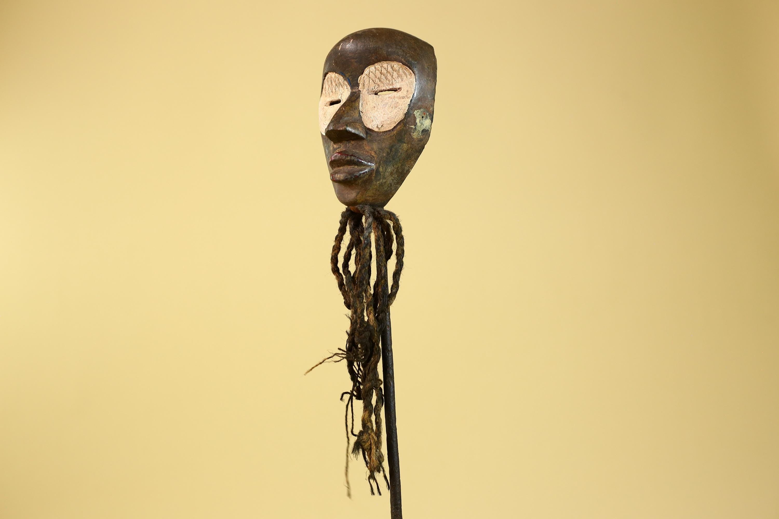 African Handmade Dan Wood Mask Narrow Face With Beard Ritual Vintage Art-G6252