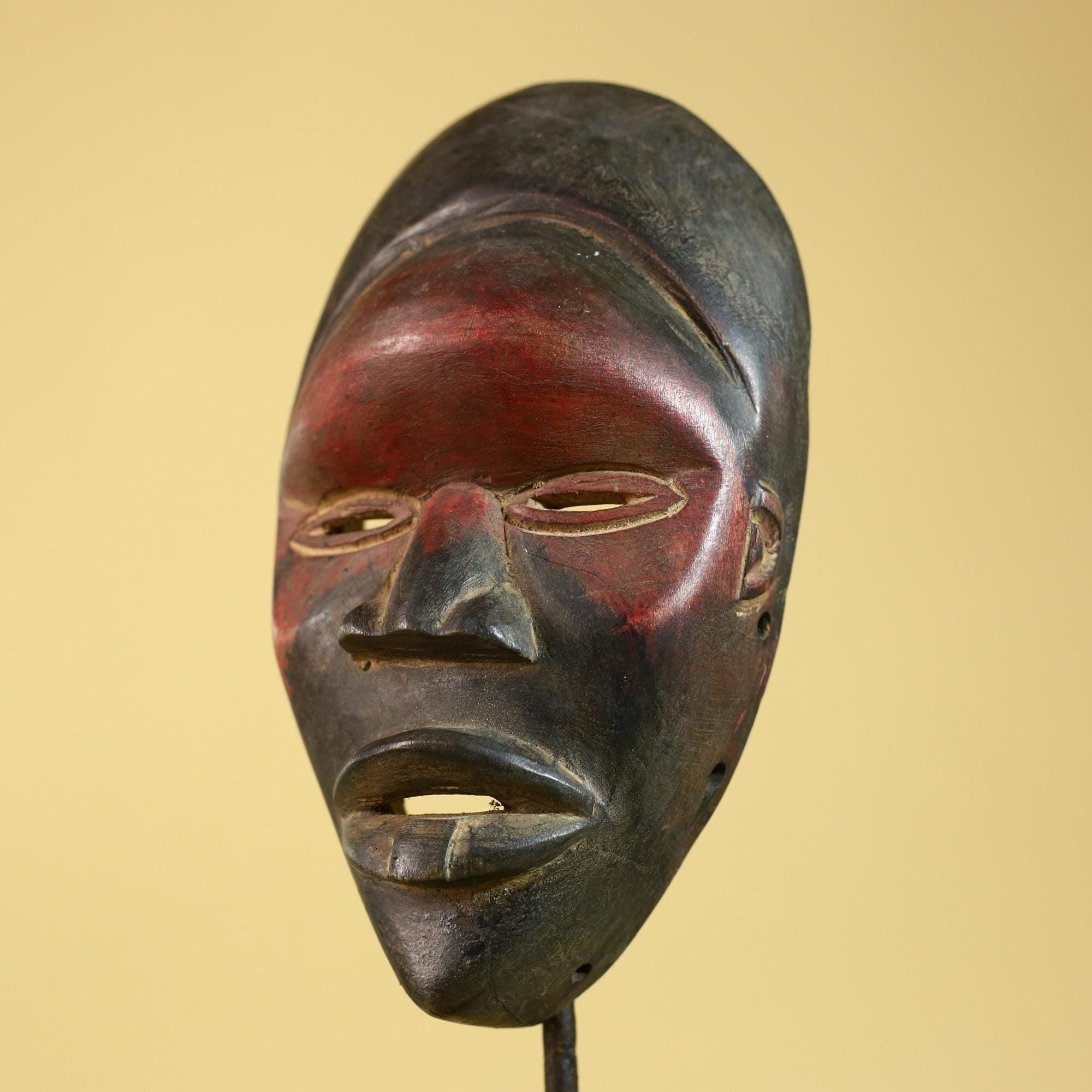 African Dan Tribal Art Hand Carved Wood Red Black Mask Vintage Decor-G6253