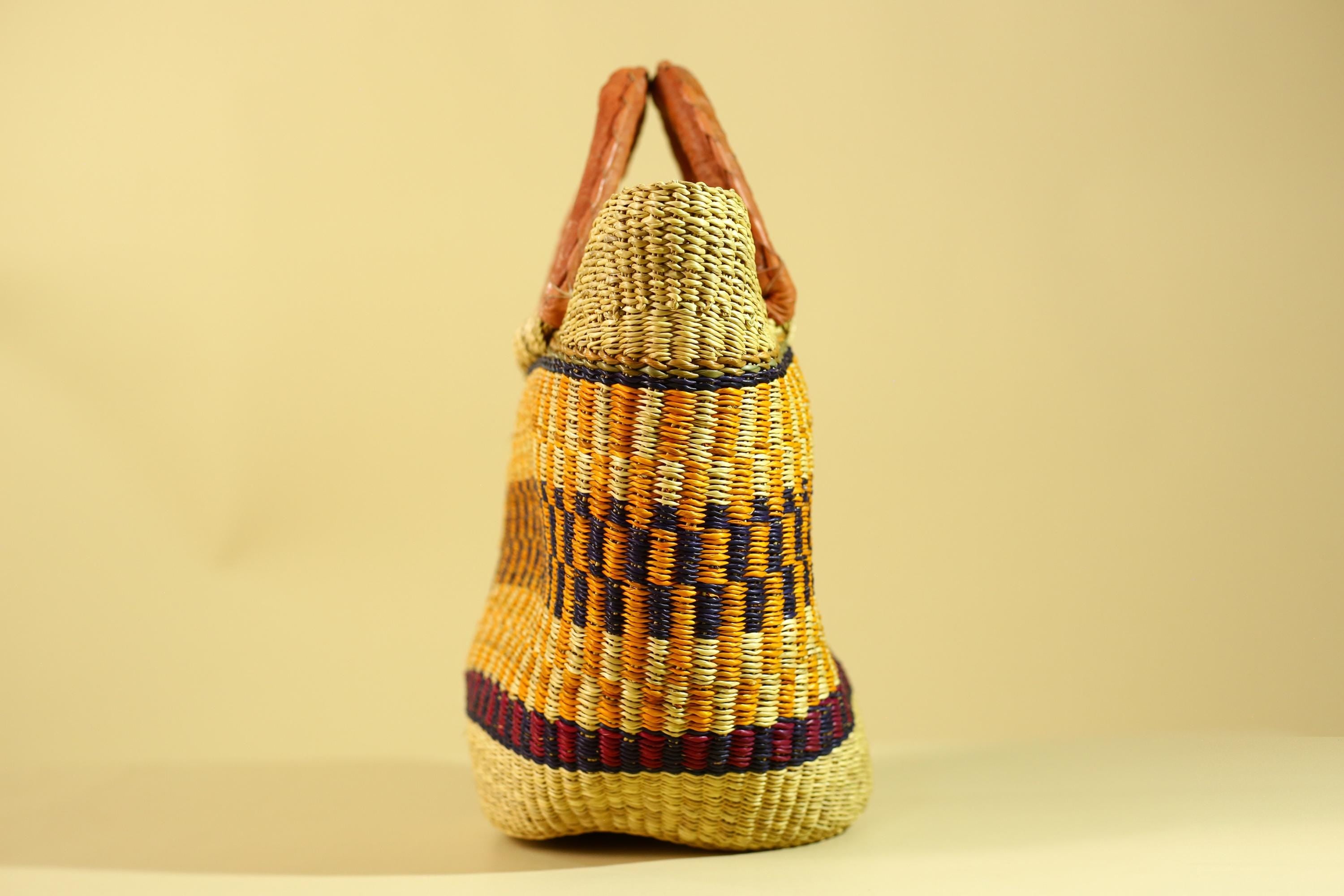 African Bolga Basket Handwoven in Ghana with Leather Handles-G6180
