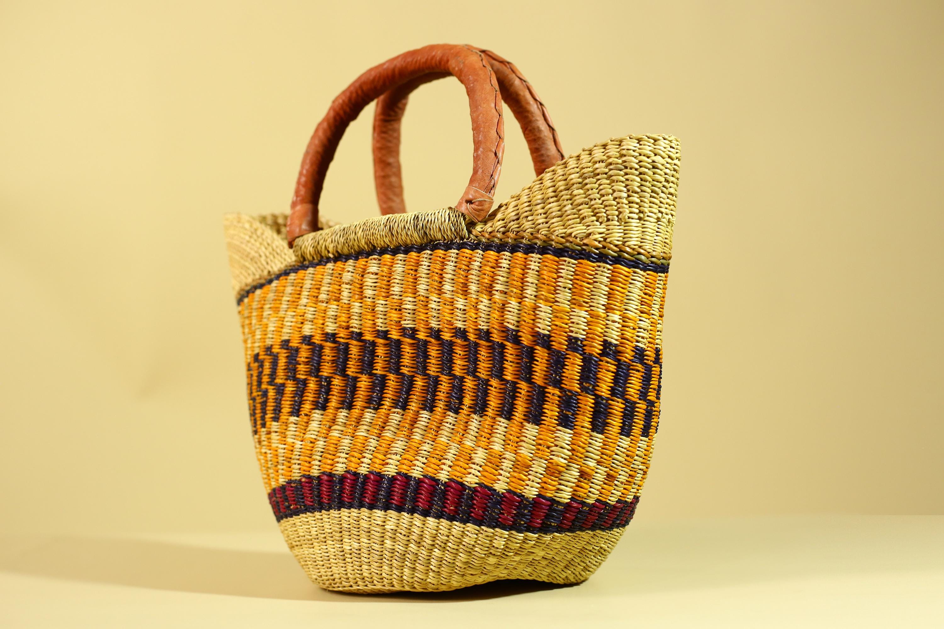 African Bolga Basket Handwoven in Ghana with Leather Handles-G6180
