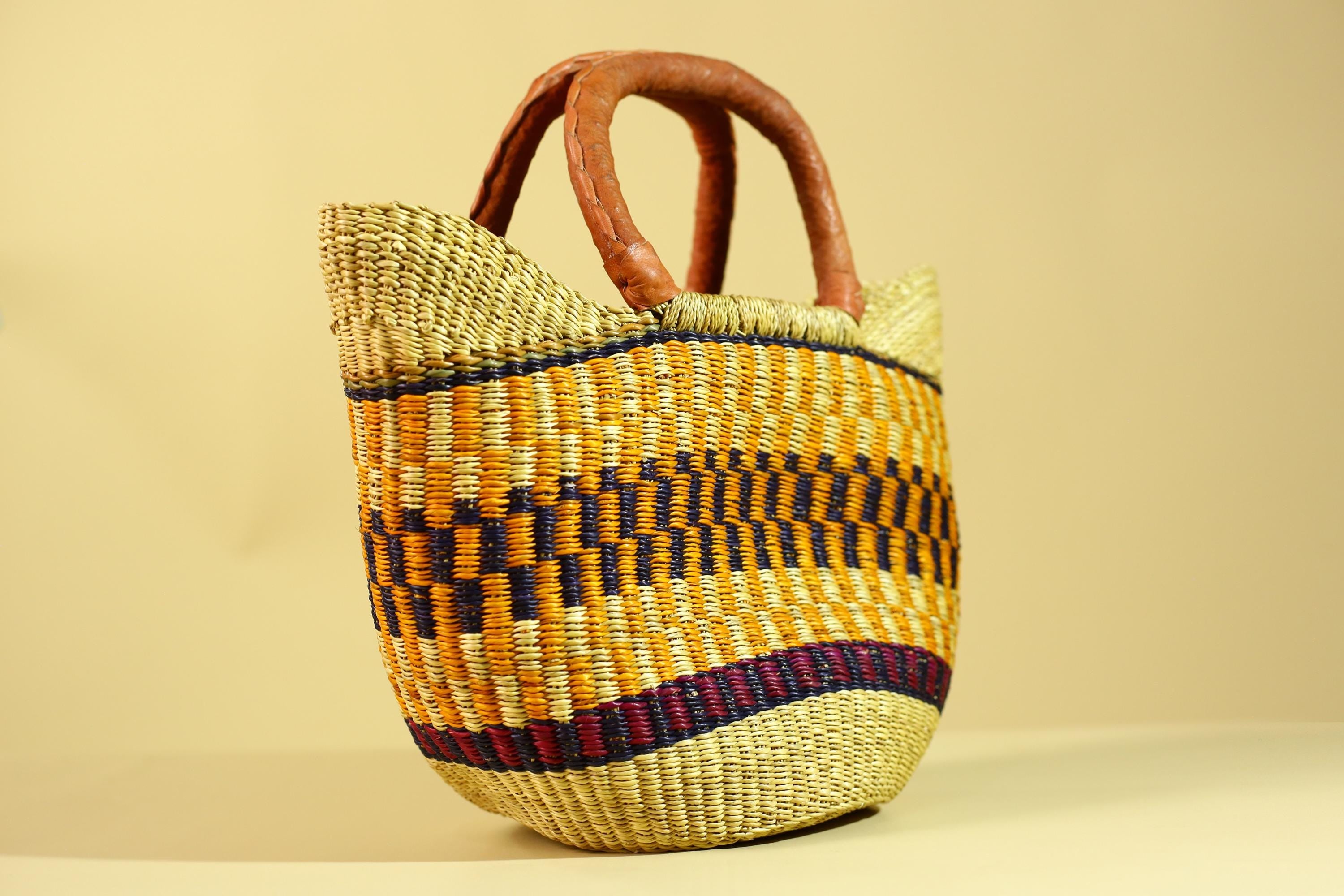 African Bolga Basket Handwoven in Ghana with Leather Handles-G6180