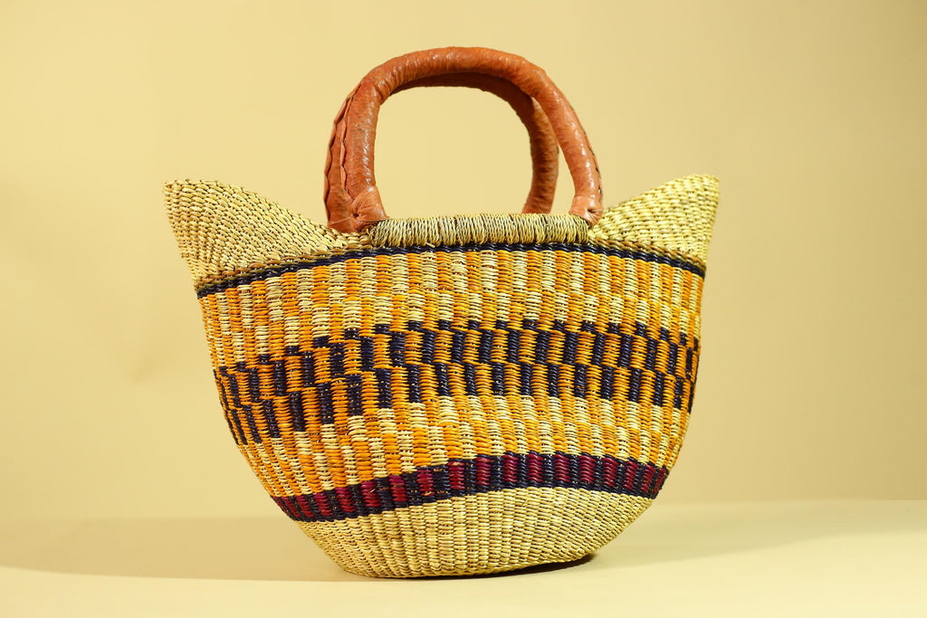 African Bolga Basket Handwoven in Ghana with Leather Handles-G6180