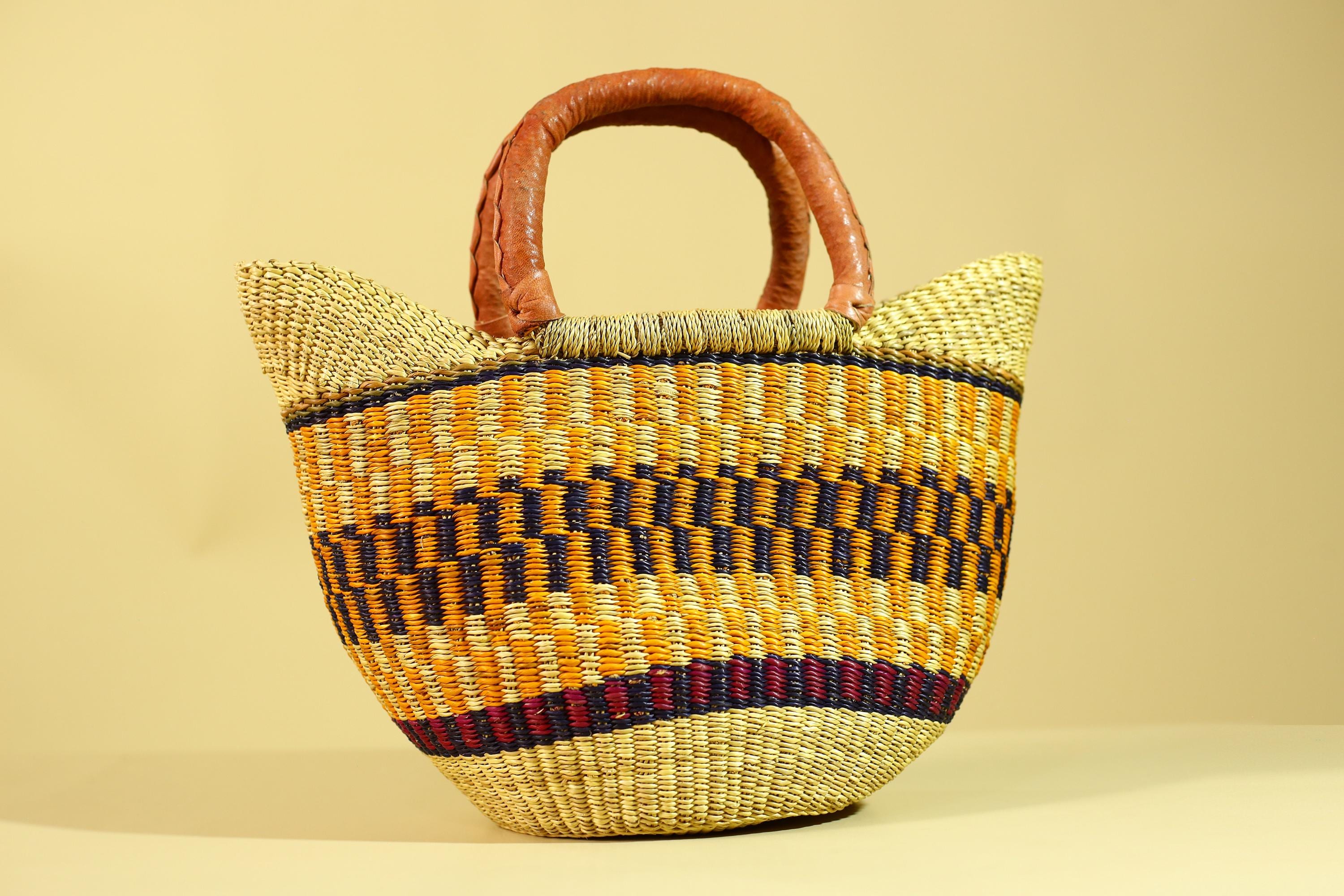 African Bolga Basket Handwoven in Ghana with Leather Handles-G6180