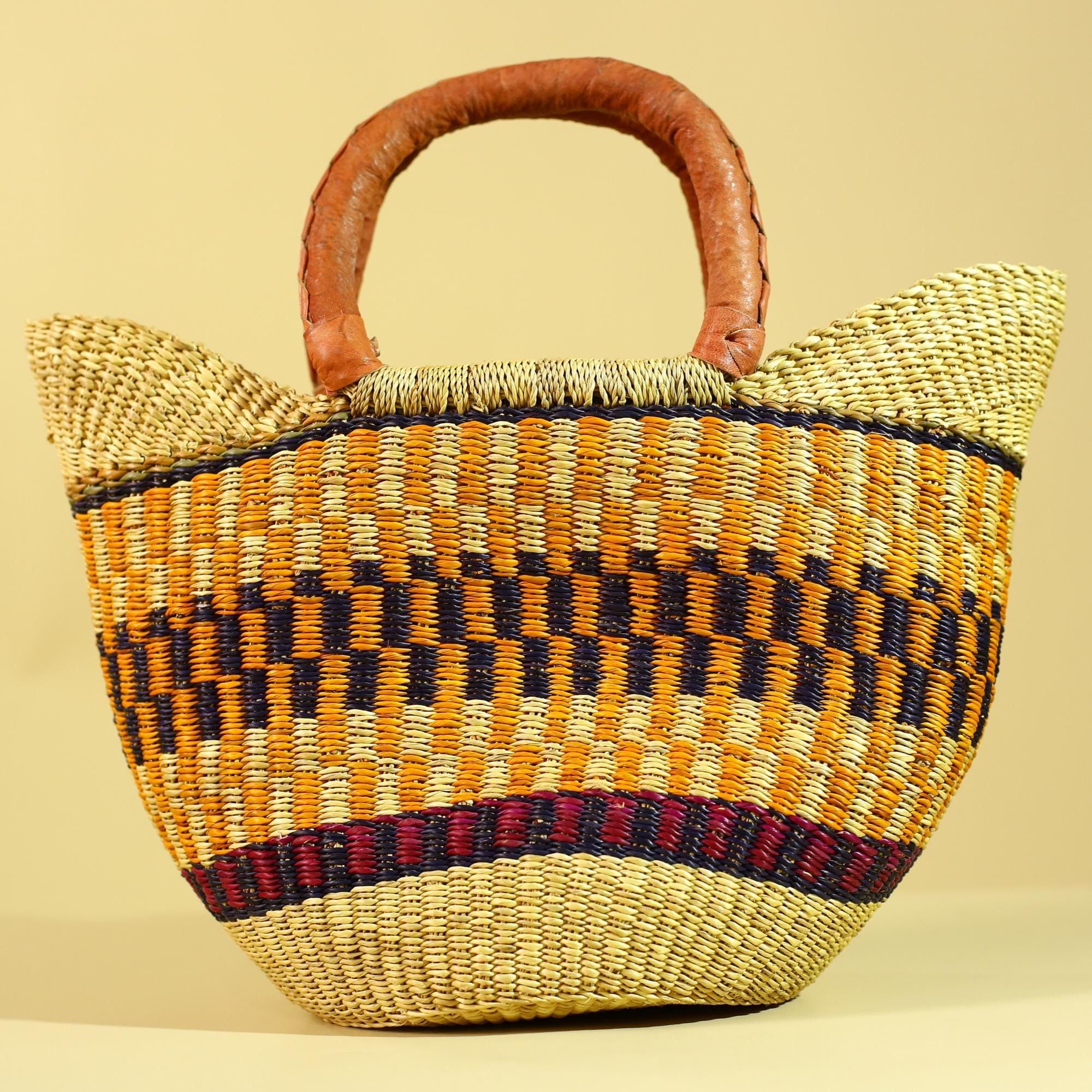 African Bolga Basket Handwoven in Ghana with Leather Handles-G6180