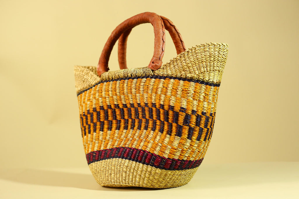 African Bolga Basket Handwoven in Ghana with Leather Handles-G6180