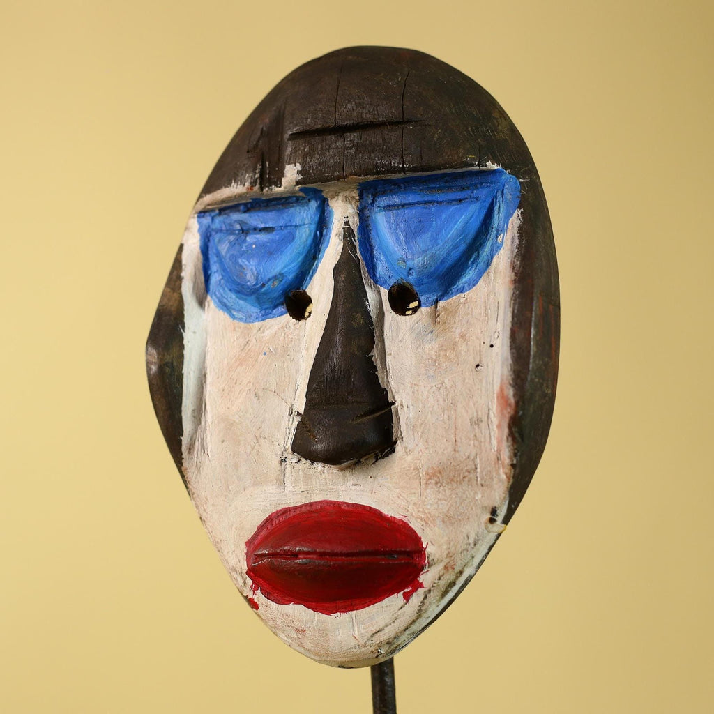 African Punu Wooden Mask With White Face Blue Eyes Tribal Art Gabon-G6182