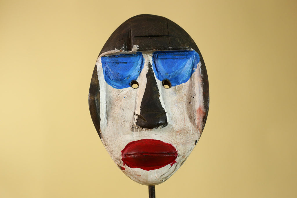African Punu Wooden Mask With White Face Blue Eyes Tribal Art Gabon-G6182