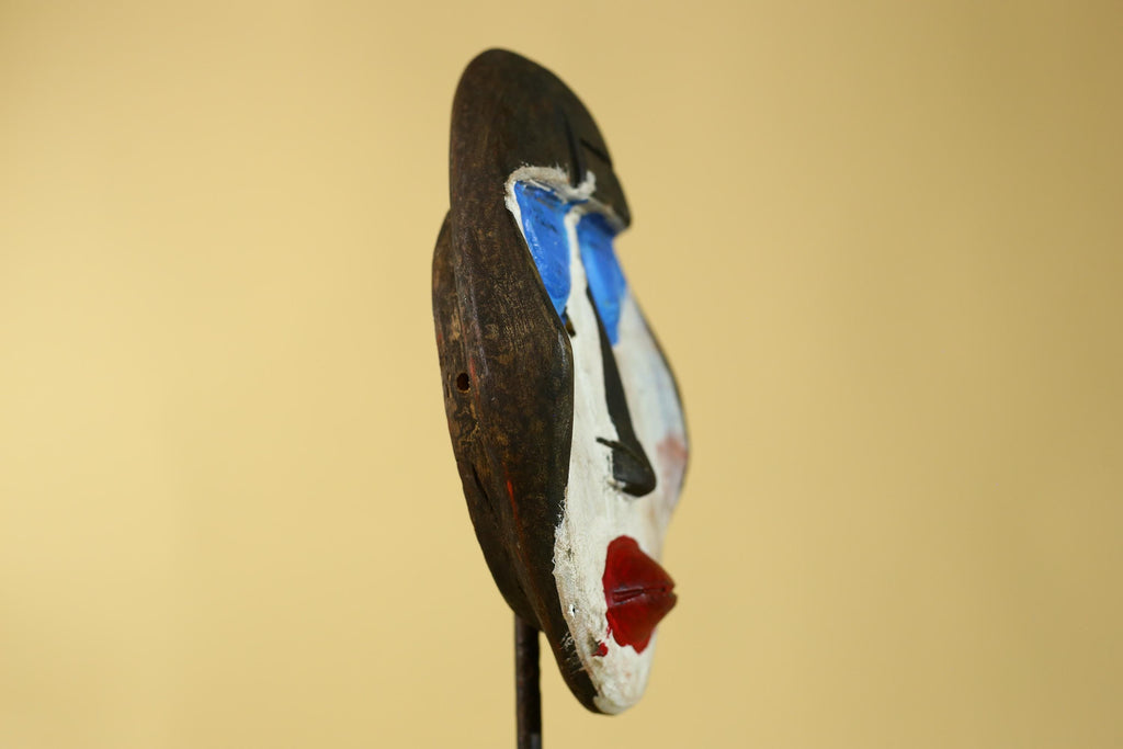 African Punu Wooden Mask With White Face Blue Eyes Tribal Art Gabon-G6182