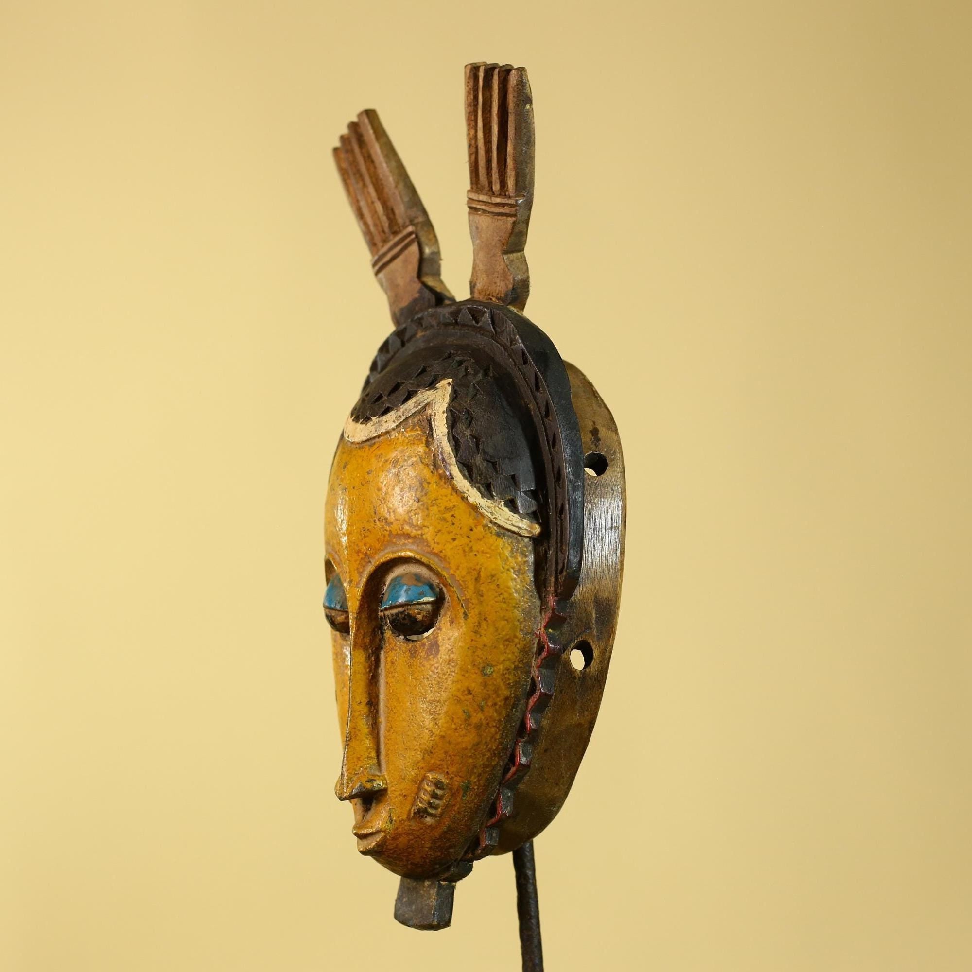 Vintage African Baule Style Mask, Hand Carved Wooden Tribal Wall Art-G6183