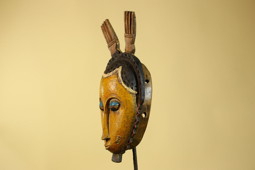 Vintage African Baule Style Mask, Hand Carved Wooden Tribal Wall Art-G6183