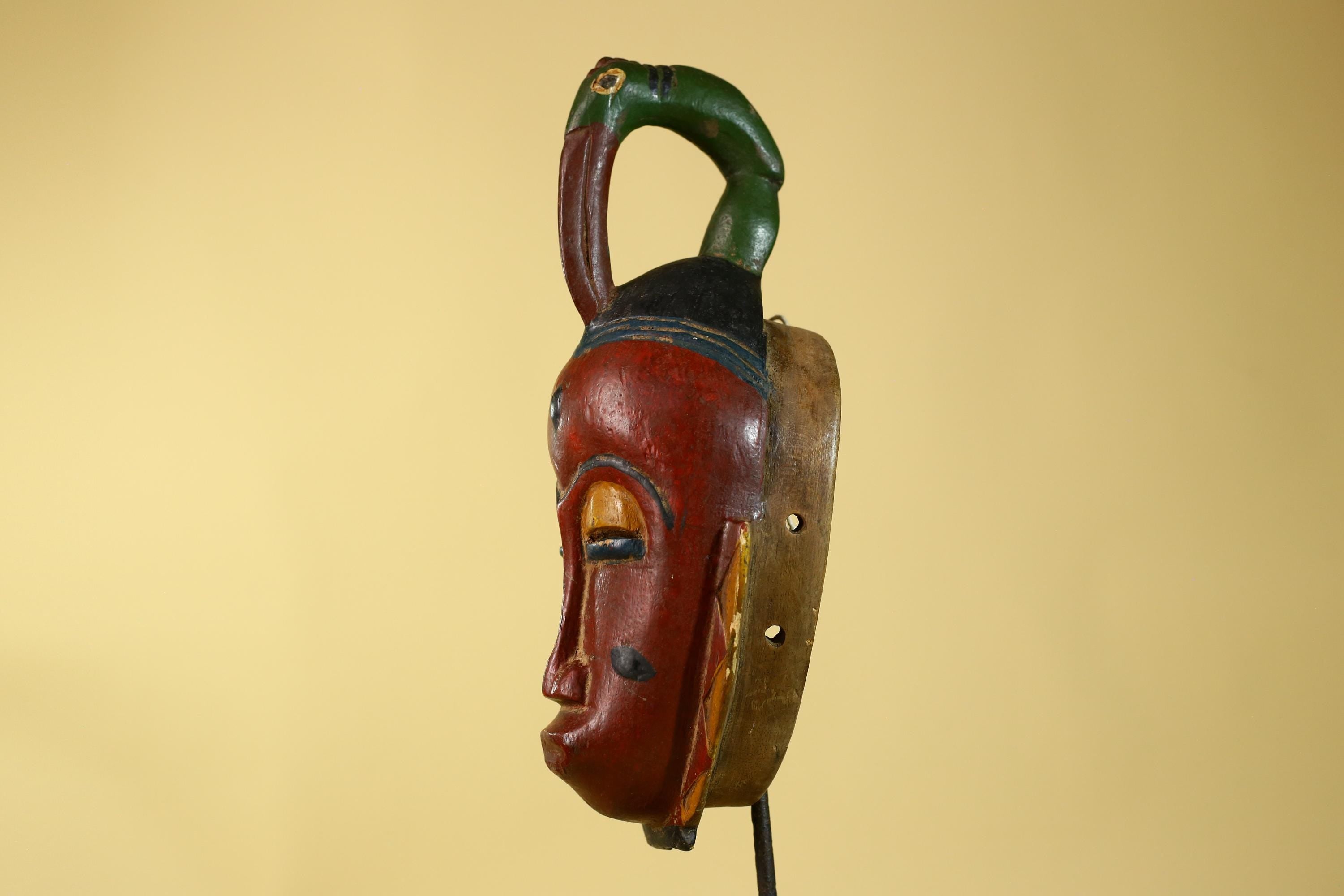 Vintage African Baule Style Mask with Bird Crest, Hand Carved Tribal Wall Art-G6184